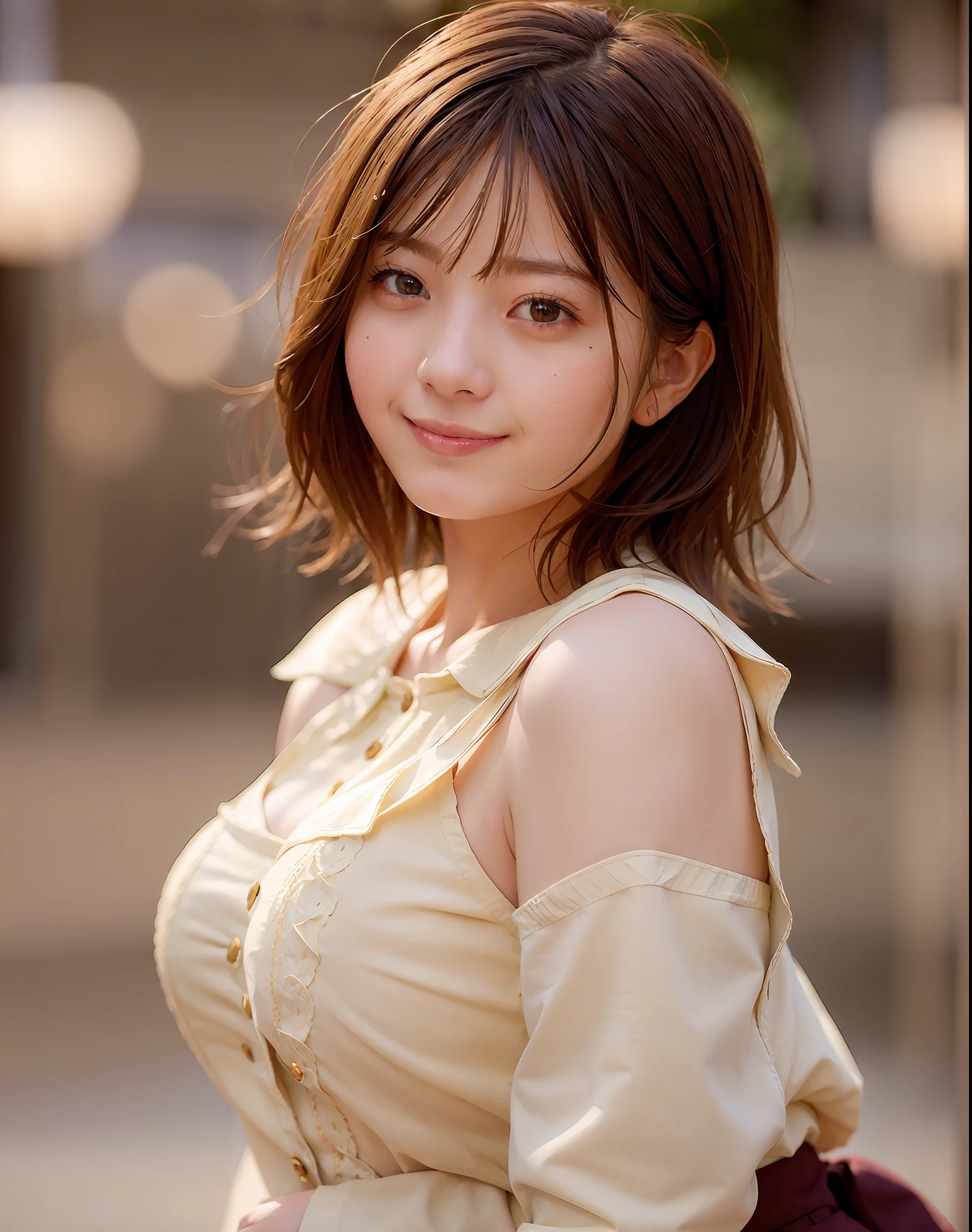 Masterpiece, Top Quality, Photorealistic, 8k, High Resolution, Girl, Woman, (Skin Dents), (Gigantic breasts: 1.5), (Professional Lighting, Bokeh), (Street), (People, Crowd: 0.6), Market, (Night: 1.2), (Brown Hair: 2.0), (Blouse: 1.5), (Portrait: 0.6), Gorgeous, Bloom, Short Hair, (Floating) Braided Hair, (Dynamic Pose: 1.2), Soft Lighting, Smile