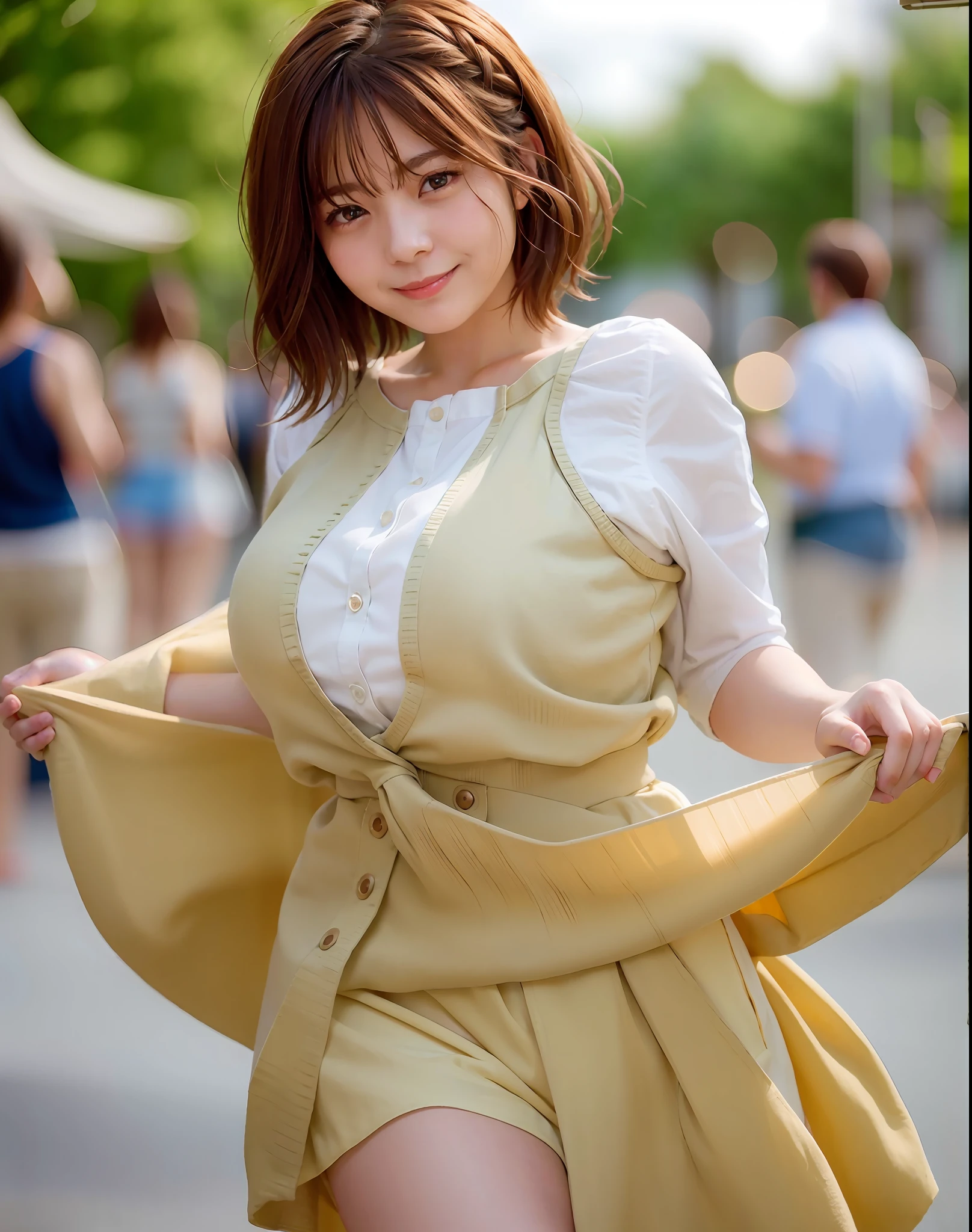Masterpiece, Top Quality, Photorealistic, 8k, High Resolution, Girl, Woman, (Skin Dents), (Gigantic breasts: 1.5), (Professional Lighting, Bokeh), (Street), (People, Crowd: 0.6), Market, (Night: 1.2), (Brown Hair: 2.0), (Blouse: 1.5), (Portrait: 0.6), Gorgeous, Bloom, Short Hair, (Floating) Braided Hair, (Dynamic Pose: 1.2), Soft Lighting, Smile