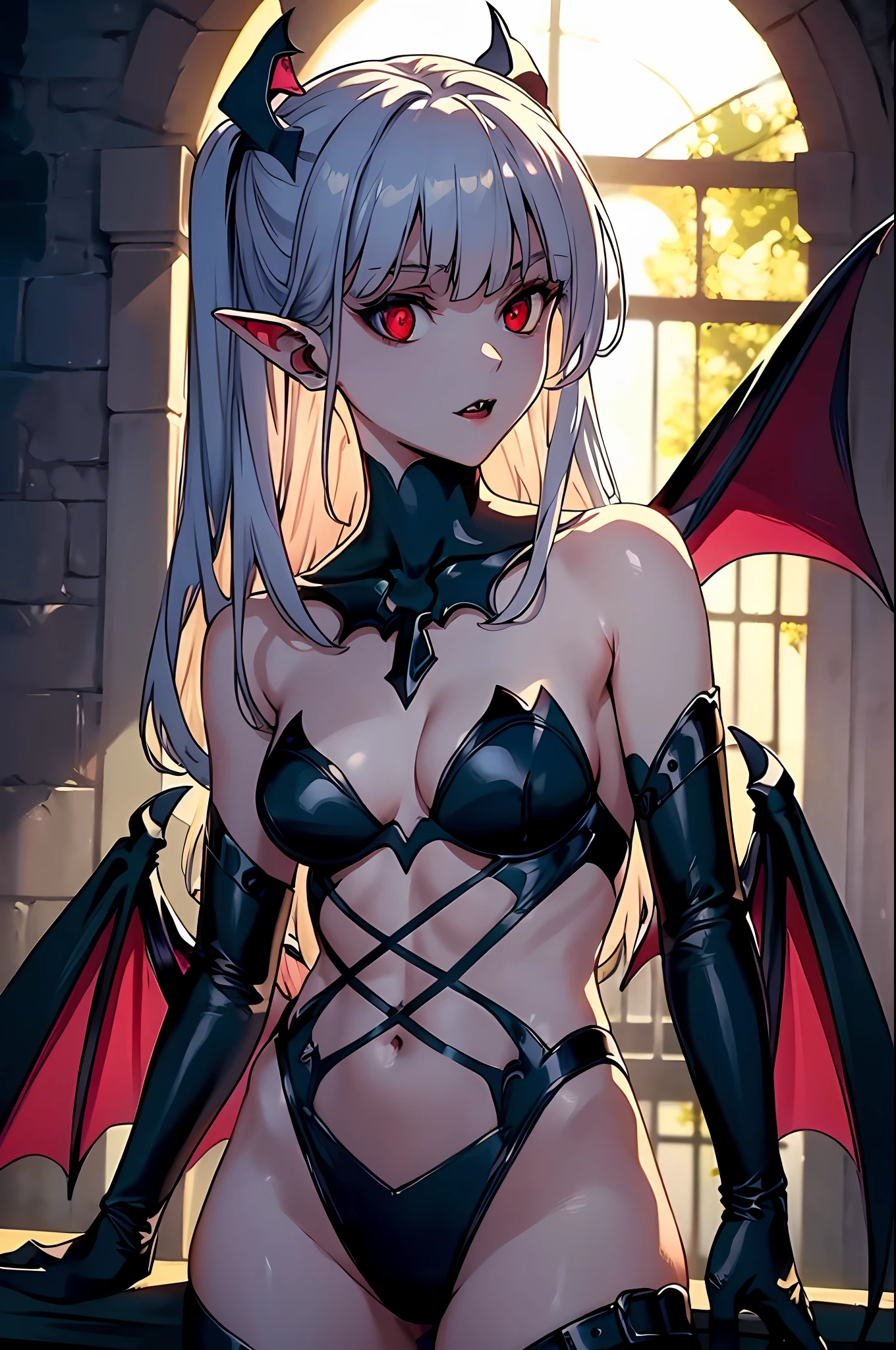 Thin, (Best Illustration), 8k Resolution, Intricate Details, Best Quality, Realistic, Ultra Detailed, Best Lighting, Best Shadows, Ultra HD, A Necromancer, Night, Magic, Dark Style, Vampire, Bright Red Eyes, Bat Wings on Back