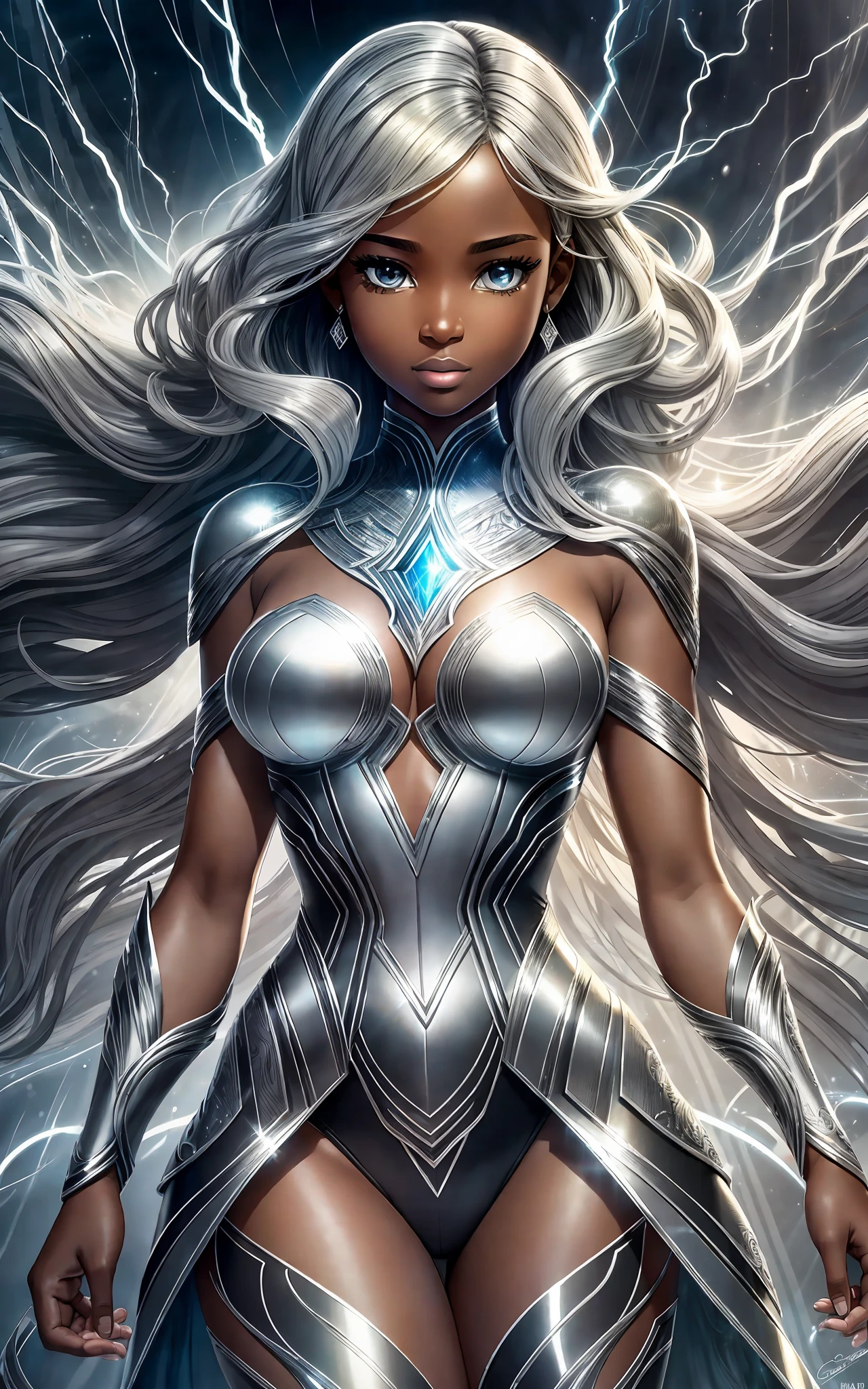 award winning 64k concept art of (black 1girl:1.2) in white majestic open dress standing bravely, posing, epic, god rays, centered, upper body, (masterpiece:1.2), (best quality:1.2), Amazing, highly detailed, beautiful, finely detailed, warm soft color grading, Depth of field, extremely detailed 64k, fine art, stunning, iridescent, shiny, (light reflections:1.2), (crisp:1.5), silver curls, storm, vibrant, sunlit, (edge detection:1.2), absurdres, impressive, 120mm, outlining, wide thighs