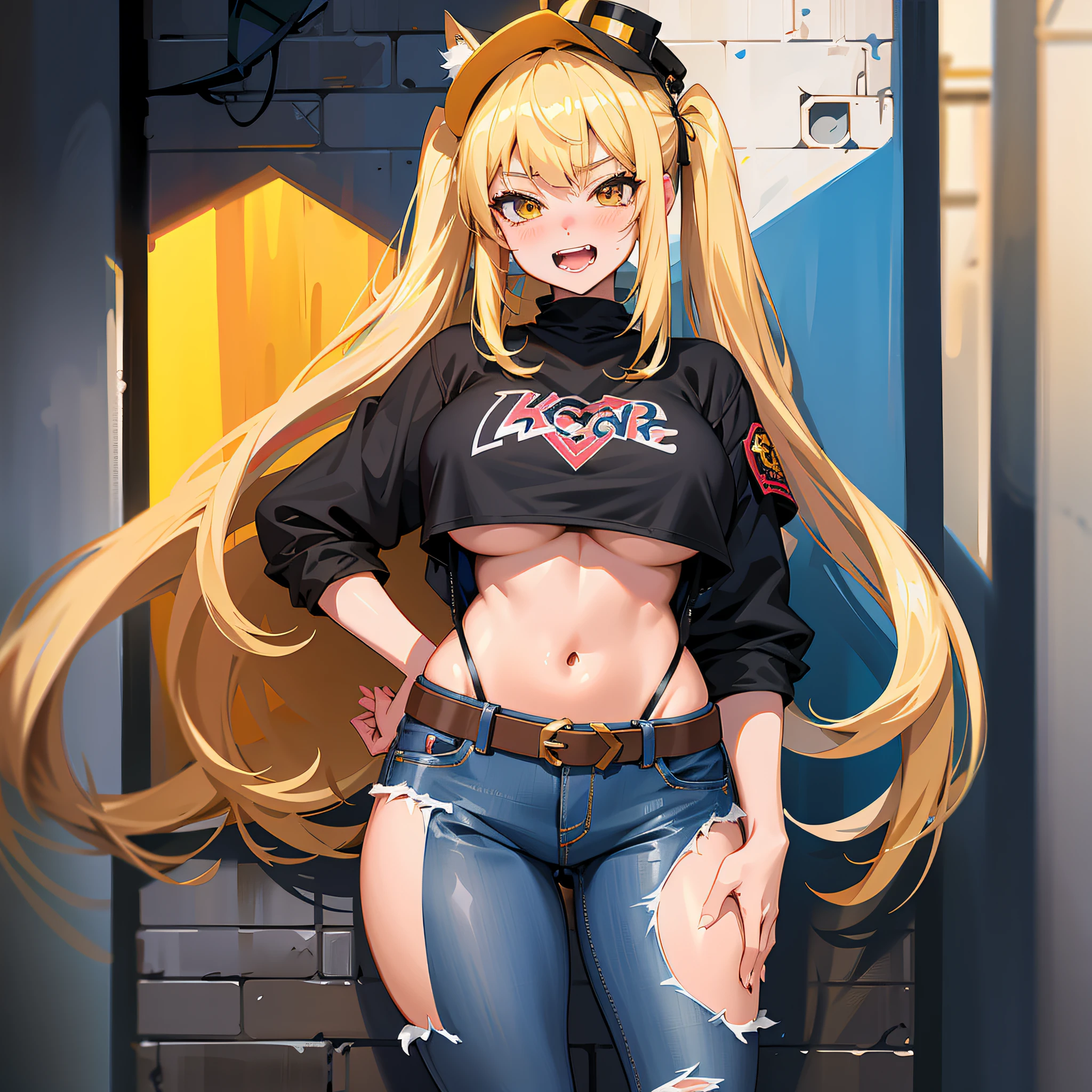 anime girl with long blonde hair and a black shirt posing, anime moe artstyle, ecchi anime style, blonde anime girl with long hair, anime catgirl, seductive anime girl, (anime girl), cute anime catgirl, anime girl, anime style 4 k, high quality anime artstyle, beautiful anime catgirl, badass anime 8 k, urban girl fanart