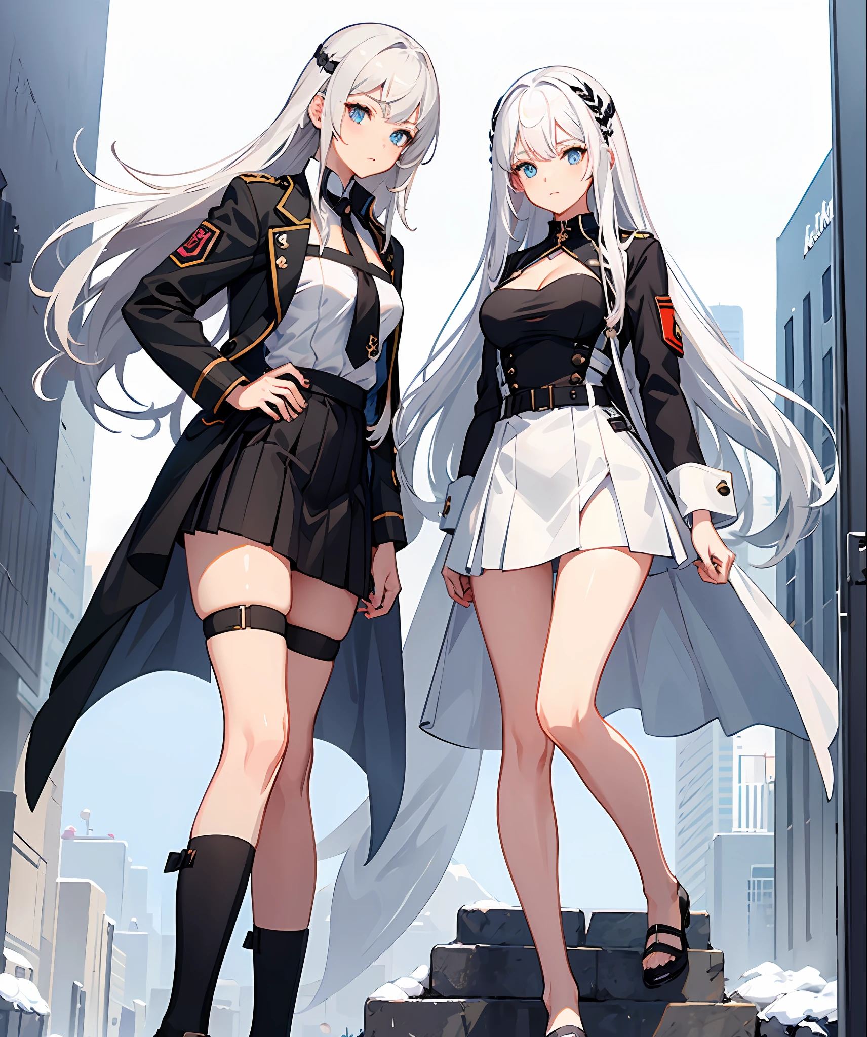1 girl, short skirt, cleavage, medium breast, army, White hair, long hair, slim legs