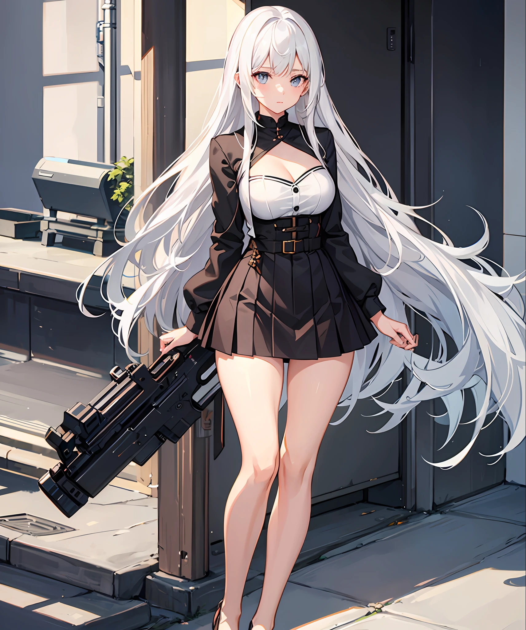 1 girl, short skirt, cleavage, medium breast, army, White hair, long hair, slim legs