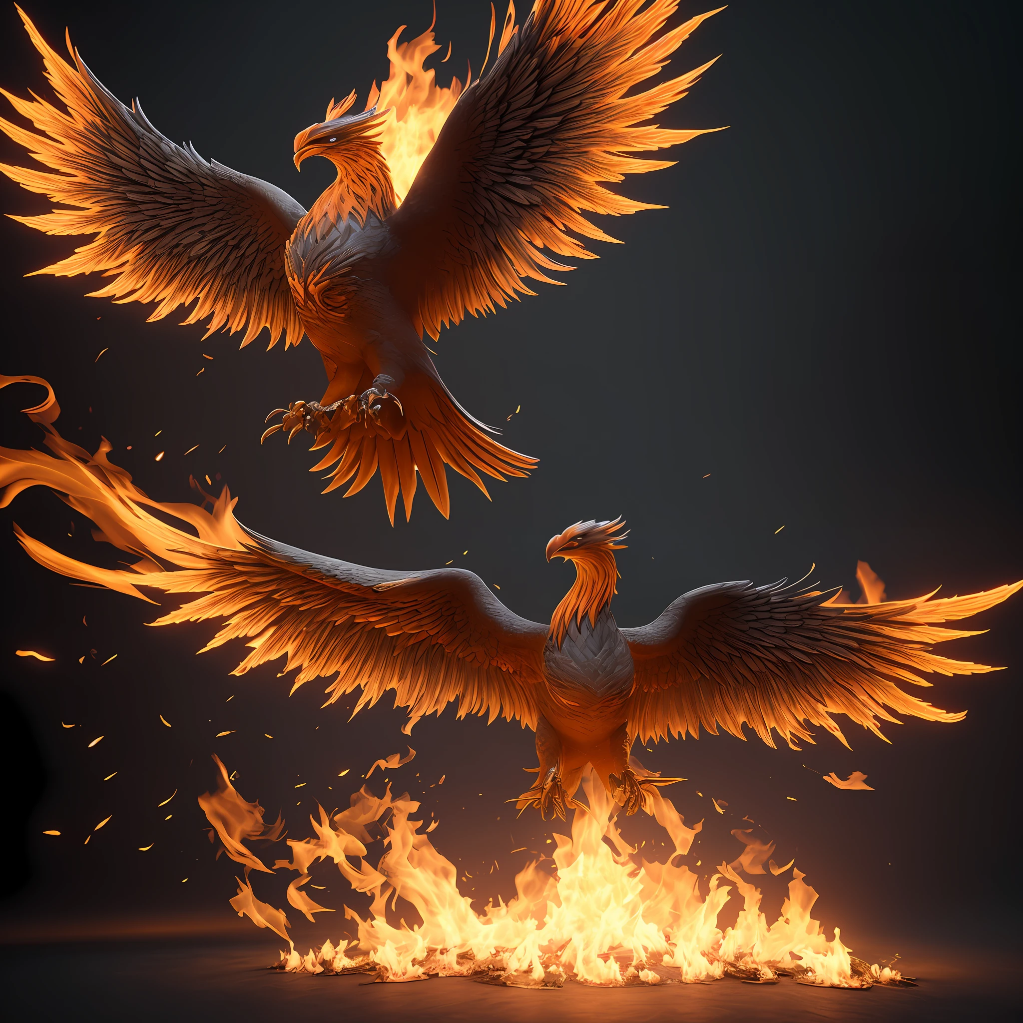 Phoenix with open wings on fire with dark background, open claws, in duplicate, 3d vray render, detailed description, best quality, no duplicates