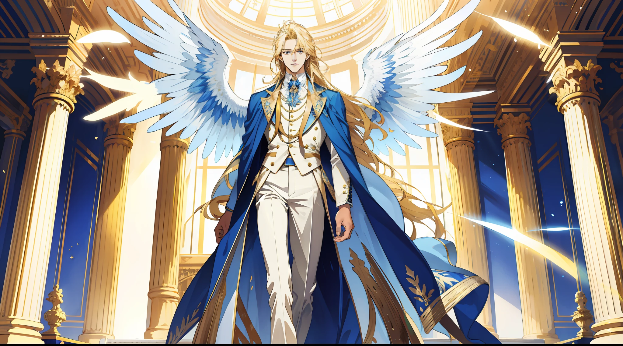 (ridiculous, high resolution), (1 male), middle-aged, long blonde hair, blue and white dress, golden decoration, (tall), 3 pairs of huge wings, broad arms, angels descend, palace, powerful, majestic, intense luster, white-gold dress, beautifully dressed, streamer, behind