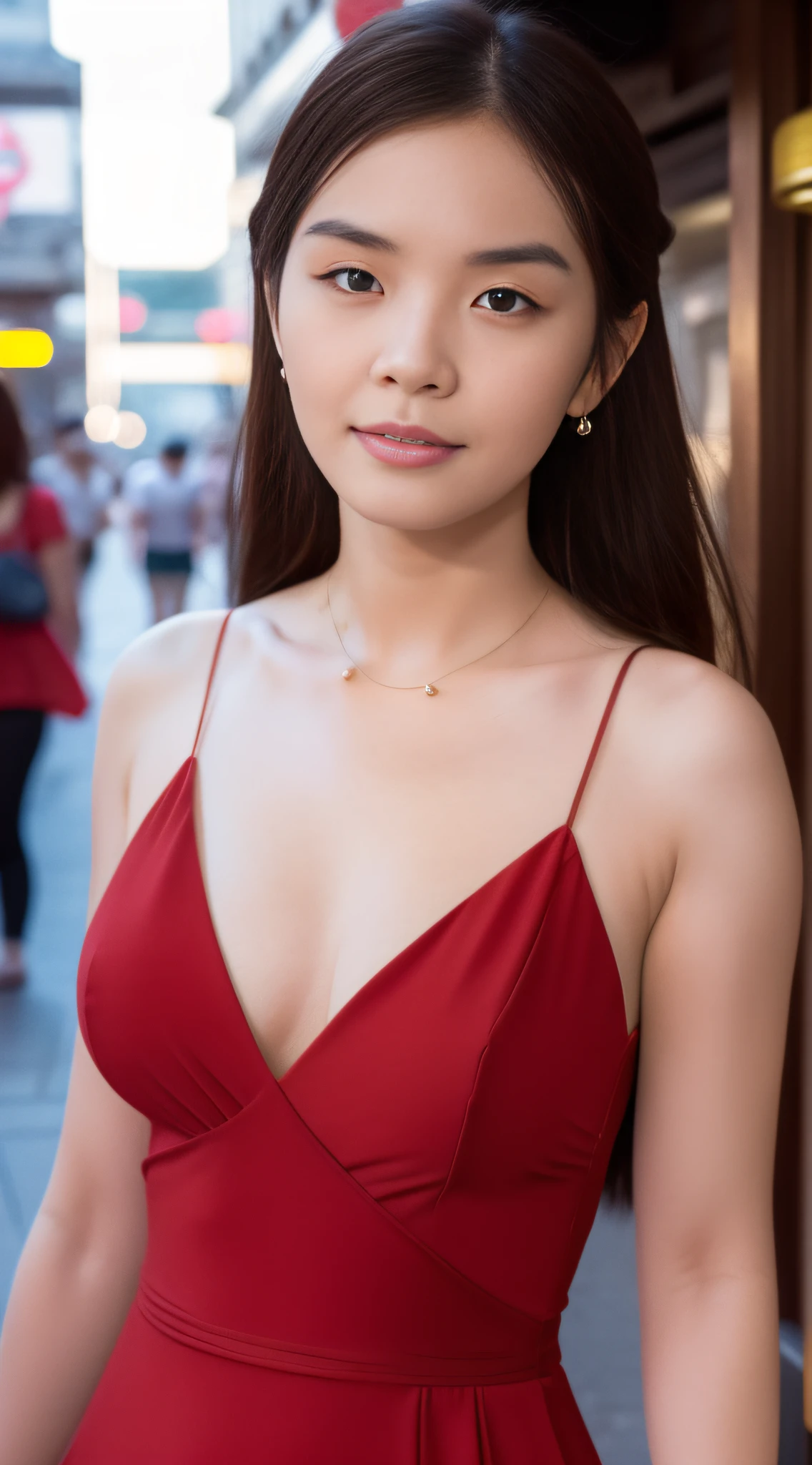 ((Realistic lighting, Best quality, 8K, Masterpiece: 1.3)), Clear focus: 1.2, 1girl, Perfect Body Beauty: 1.4, Slim Abs: 1.1, ((Dark Brown Hair, Big Breasts: 1.3)), (Chinese Red Dress), (Chinatown, Day: 1.1), City Street, Super Fine Face, Fine Eyes, Double Eyelids