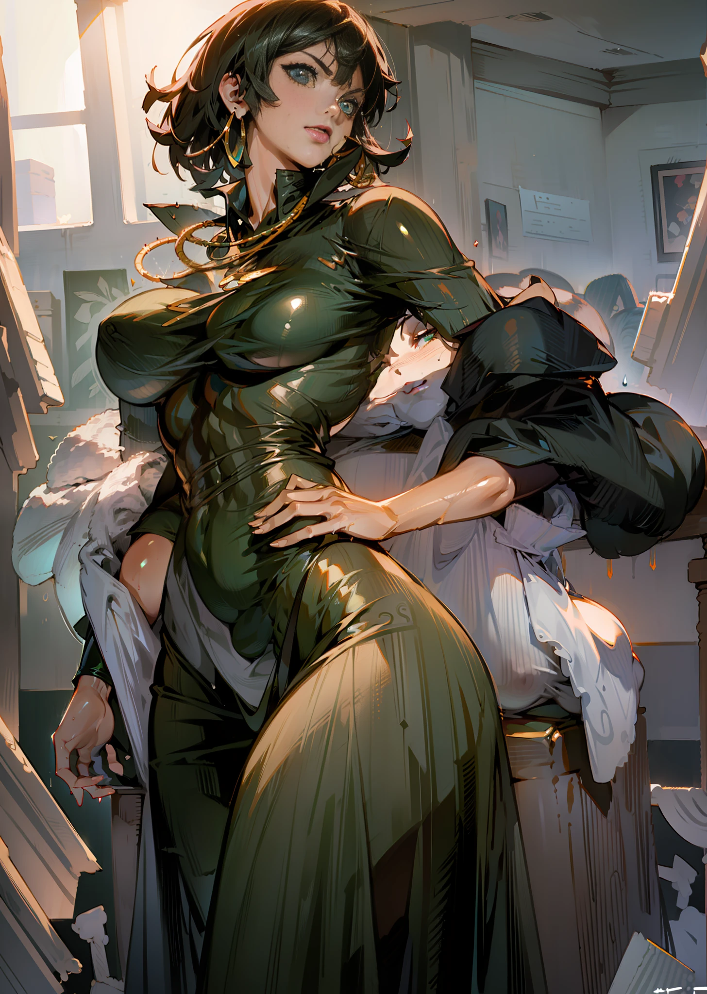 Anime-style face:1.5,Skinny black latex cleavage dress, tiny waist, Thin waist: 1.7,ultra realistic 8k cg, masterpiece, ((ultra detailed background, delicate pattern, intricate detail)), ( highly detailed, fine details), best quality, (photorealistic:1.7),Greasy body, There is a body where lubricating oil flows down, Verism, Verism。 (NSFW:1.3), the perfect body. (sexy eyes) (seductive eyes) (clothes wet with water) (completely transparent plastic top) (suspender stockings, suspender stockings, high-gloss stockings) fleshy thighs tightened by high-gloss suspender stockings, huge soft breasts. Outermost transparent gauze on body, beautiful woman, surreal, 1 girl, ((facing the viewer, hand caressing her chest)), (huge soft breasts, attractive body: 2), sitting: 1.6, brunette hair: 1.9, (wet rain, wet body: 1.9), painting, masterpiece, best quality, ultra-detailed, absurd, portrait beautiful, solo, earrings, jewelry, smile, necklace, transparent tights, sexy, volumetric lighting, best quality, masterpiece, intricate details, realistic skin texture, pixiv, super detailed, Artstation trend, oilly skin, Wet rosy skin thin waist: 1.6, Large, upturned breasts, transparent clothes, enormous breasts, anime characters, anatomically correct, textured skin. (nsfw:1.3)enormous breasts, The picture is colorful, The brushstrokes of figure painting are multi-layered and rich。