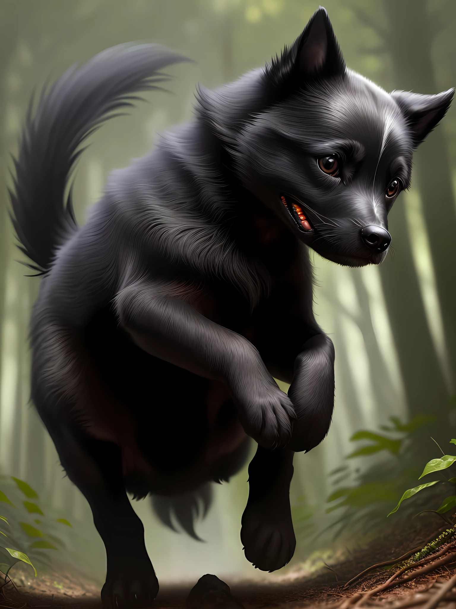 Close-up of a very cute jumping little black dog in the forest, soft volumetric light, (backlight: 1.3), (movie: 1.2), intricate details, (ArtStation: 1.3), Rutkowski