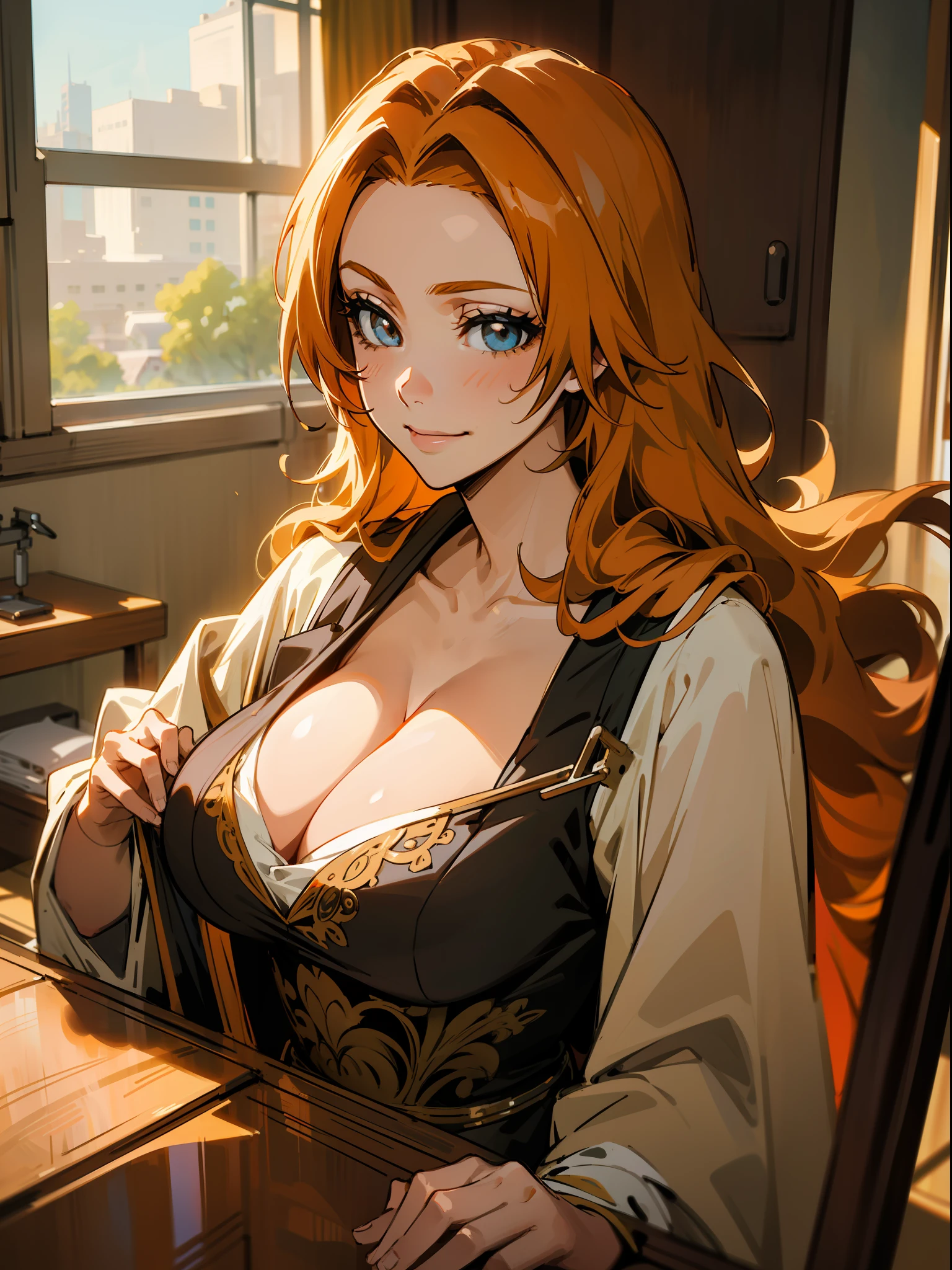 Masterpiece, illustration,1girl, orange hair, long hair, beautiful eyes,bend forward, cleavage visible, hospital, inside, stestoscope around neck, smiling, intricate, details, illustration