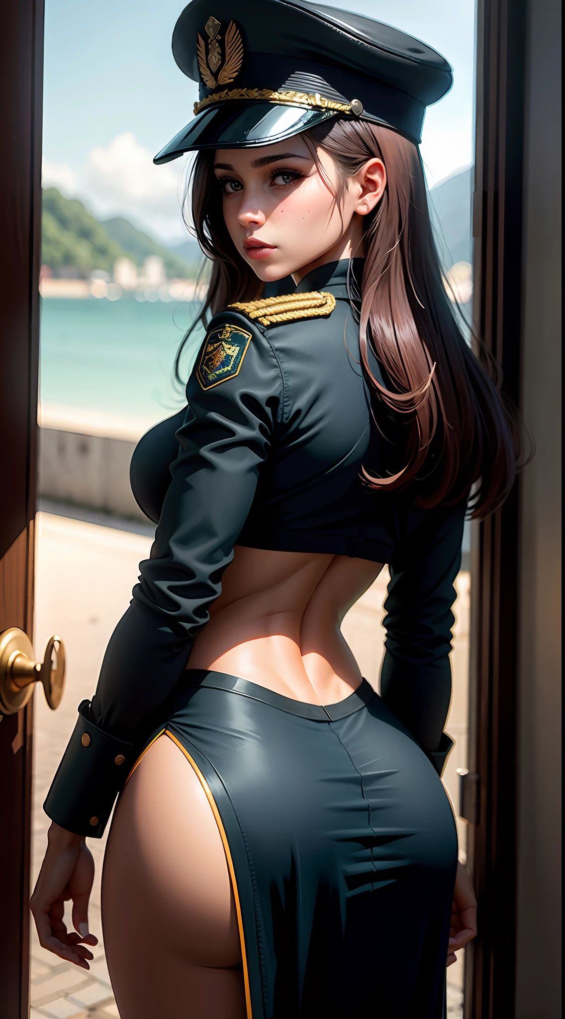 Beautiful Venezuelan woman, 25 years old, military, cap, uniform, face with determination, long eyelashes, beautiful eyes with brightness, surrealism, shadow, stereogram, (photorealistic, realistic: 1.2), POV, atmospheric perspective, cinematic lighting, ray tracing, 8k, super detail, best quality, masterpiece, well detailed, (Canan EOS R6, 135mm, 1/1250s, f/2.8, ISO 400:0.9), weapons, neckline, back, round ass, venezuela, caracas