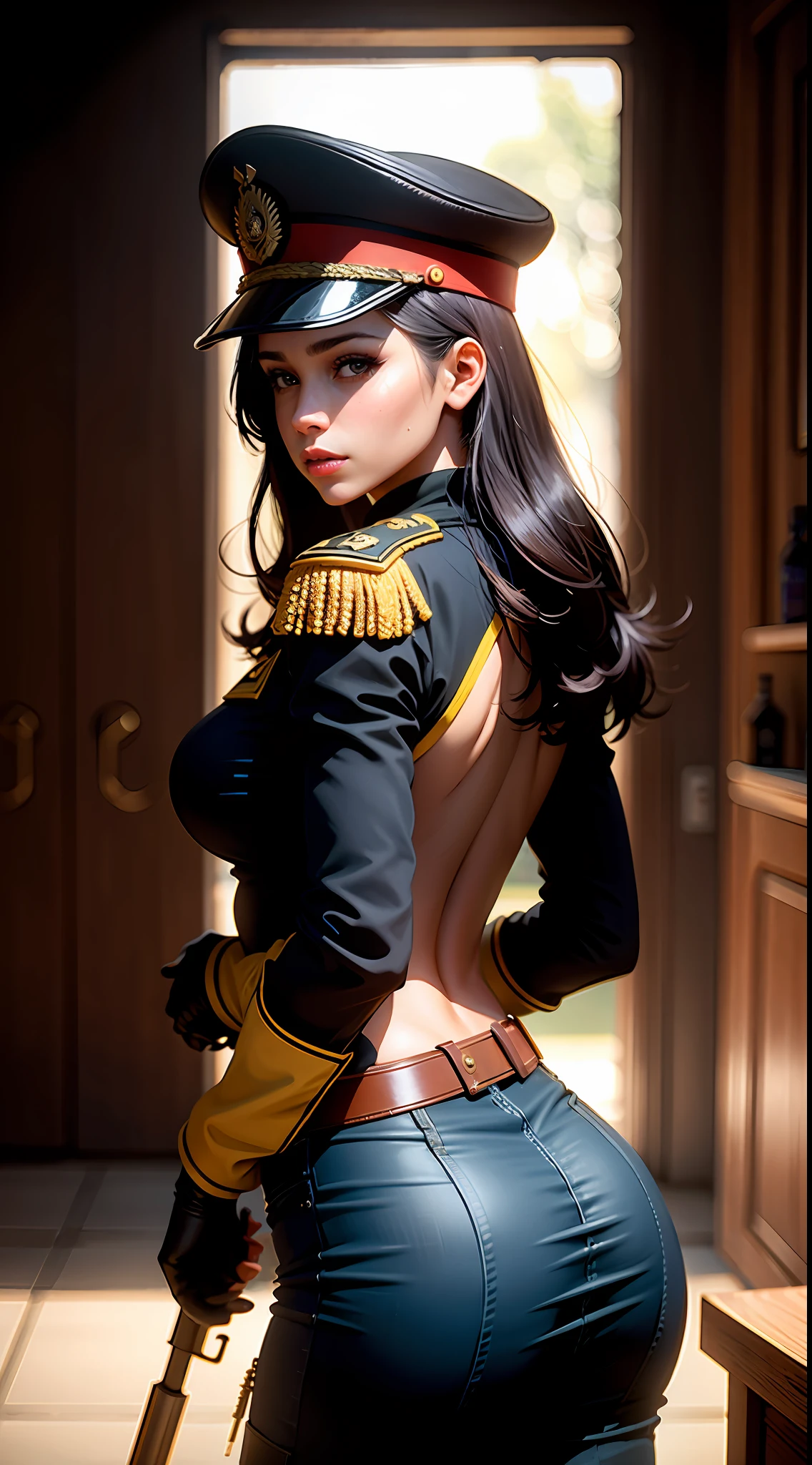 Beautiful Venezuelan woman, 25 years old, military, cap, uniform, face with determination, long eyelashes, beautiful eyes with brightness, surrealism, shadow, stereogram, (photorealistic, realistic: 1.2), POV, atmospheric perspective, cinematic lighting, ray tracing, 8k, super detail, best quality, masterpiece, well detailed, (Canan EOS R6, 135mm, 1/1250s, f/2.8, ISO 400:0.9), weapons, neckline, back, round ass, venezuela, caracas