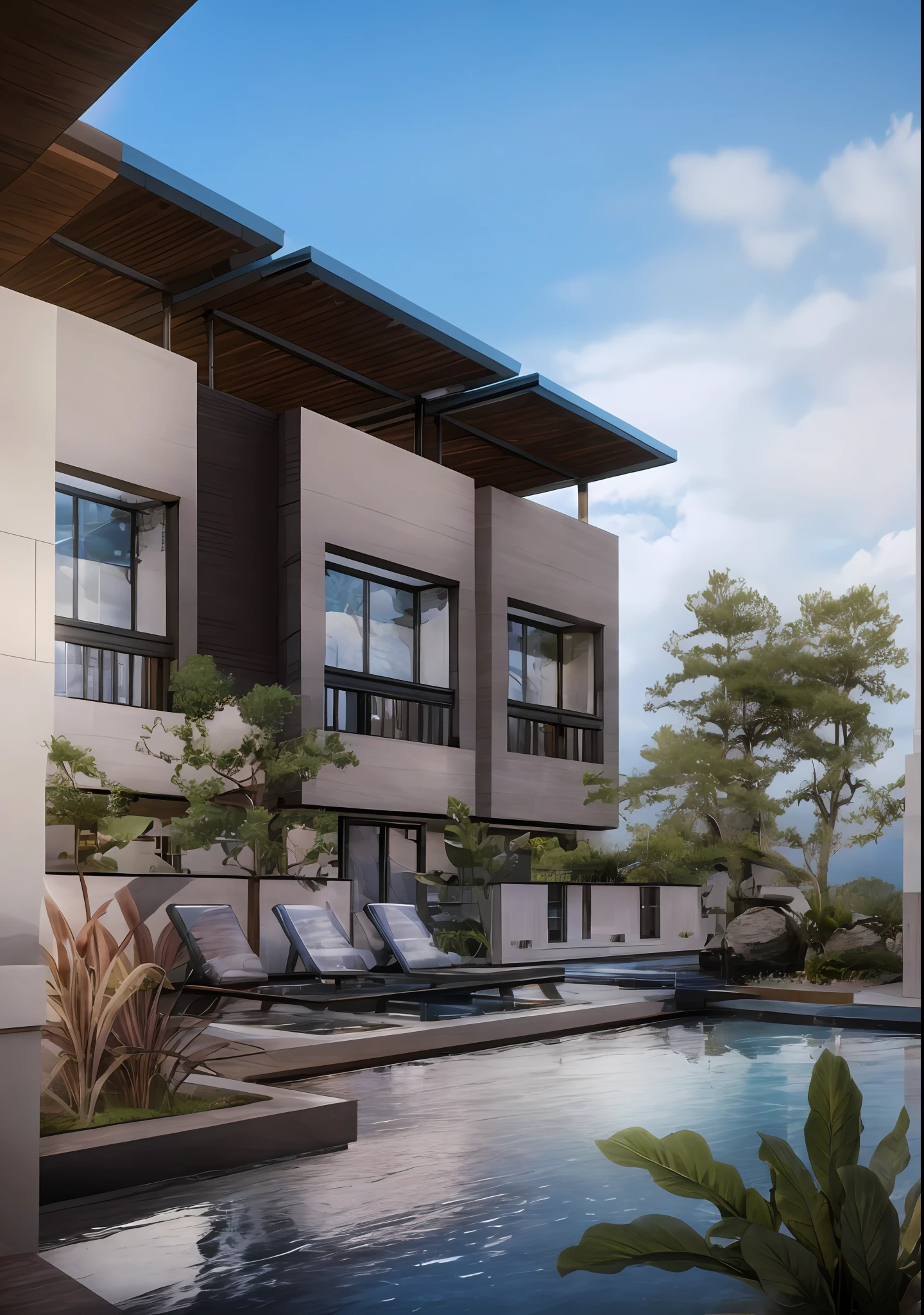 a beautiful render of a villa with a pool and lounge chairs, modern architectural, villa exterior, modern facade, shading on top, by Warren Mahy, clean ink detailed line drawing, by Max Buri, architectural rendering, by Hugh Hughes, corona render, a modern villa with pool, glass window, beautiful photo, Realistic render, edge and line enhance, sharpener, octane render, ray tracing, 16k, ultra HD, Amazing beautiful casa moderna, perspective view, architectural scene, concrete structure exterior, 2 point perspective view, architectural photography, tropical house, ray tracing, striped arrangements, wide angle, cloud, tree, blue sky, city, real world location (Image Sharpener:0.7) brutalism, house, outdoors, day,best quality, realistic, photorealistic,ultra detailed,16K,High quality texture,intricate details,detailed texture,finely detailed,photo of building , pixels perfect, sharpen edge, edges sharpener --auto --s2