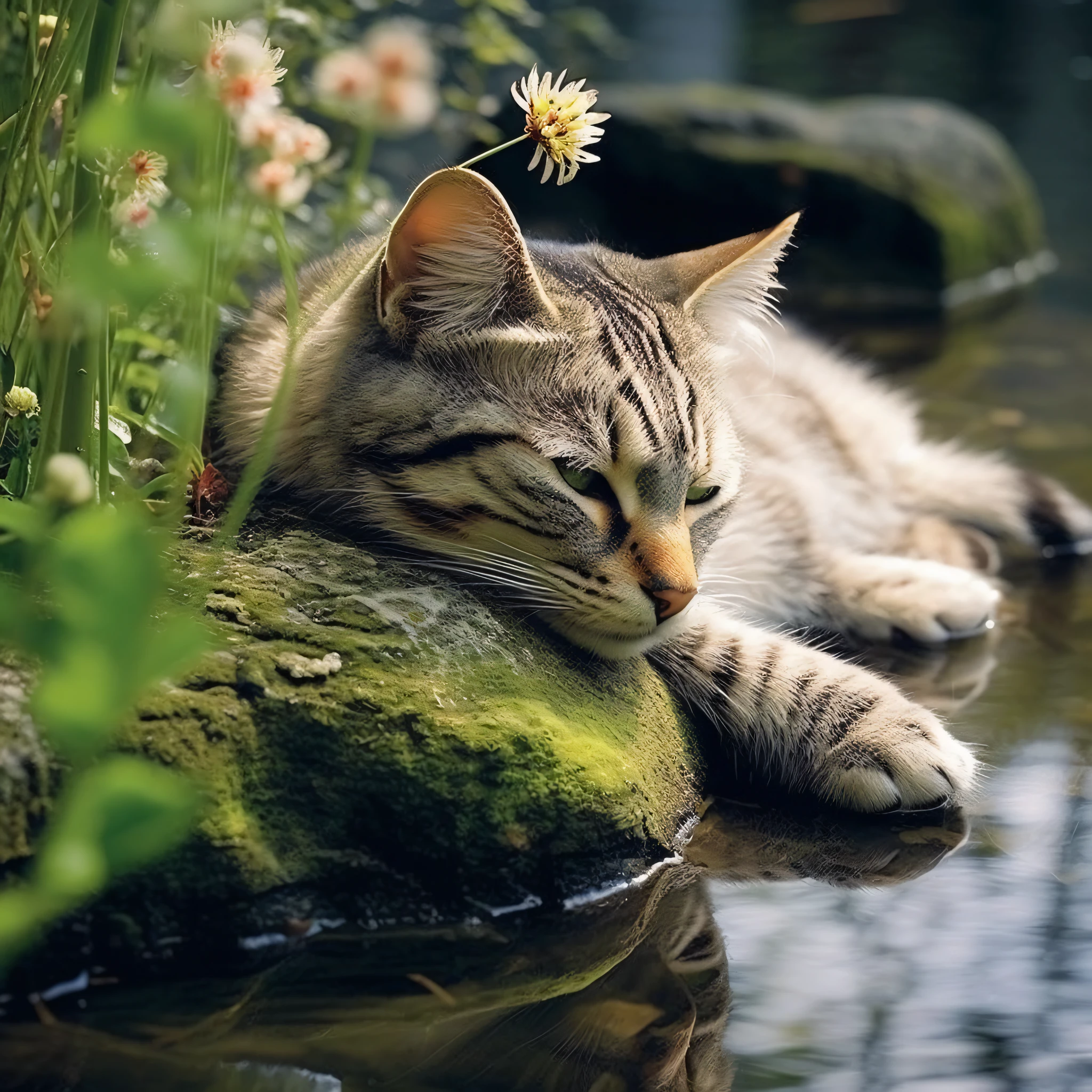 there is a cat that is laying down on a rock, peaceful mood, peaceful atmosphere, peaceful expression, very relaxing, resting, peaceful environment, a cat swimming in water, peaceful scene, gazing at the water, cat sleeping, at peace, peaceful animals, relaxing, peaceful and quiet, beautiful cat, peaceful, cat photography, cats and plants, elegant cat