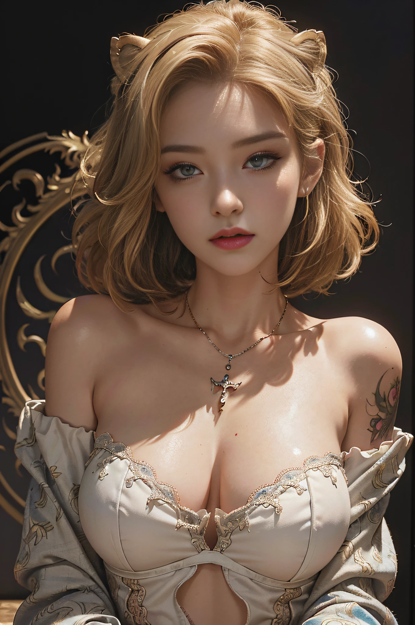 (hyperrealistic), (illustration), (high resolution), (8K), (extremely detailed), (best illustration), (beautiful detailed eyes), (best quality), (super detailed), (masterpiece), (wallpaper), (detailed face), solo, (dynamic pose), 1girl, lingerie, off-the-shoulder, dusk, short blonde hair, broken hair, necklace, fangs, tattoo, lioness