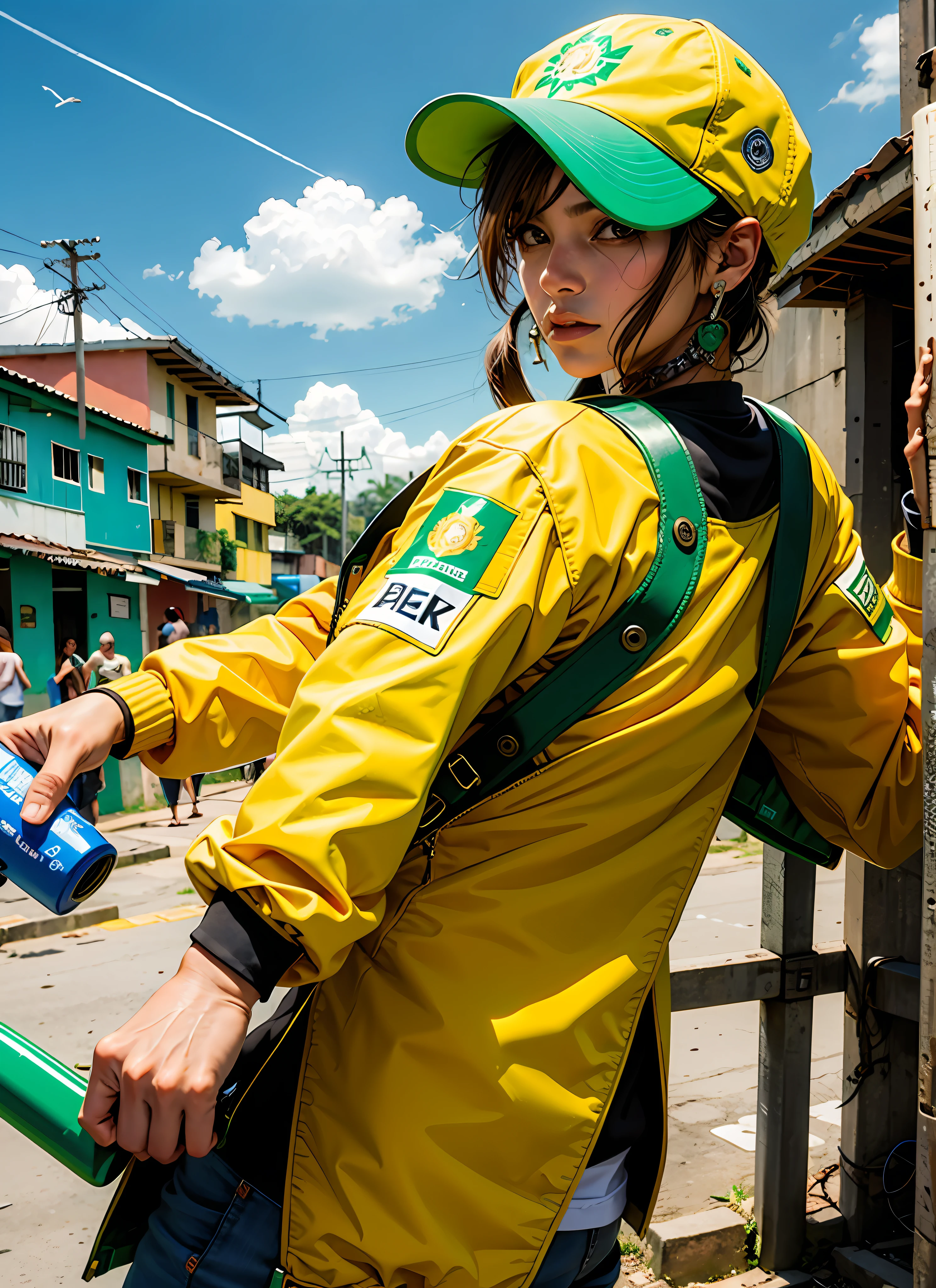 Create Leon in Brazil's green and yellow jacket in Rio de Janeiro's favela