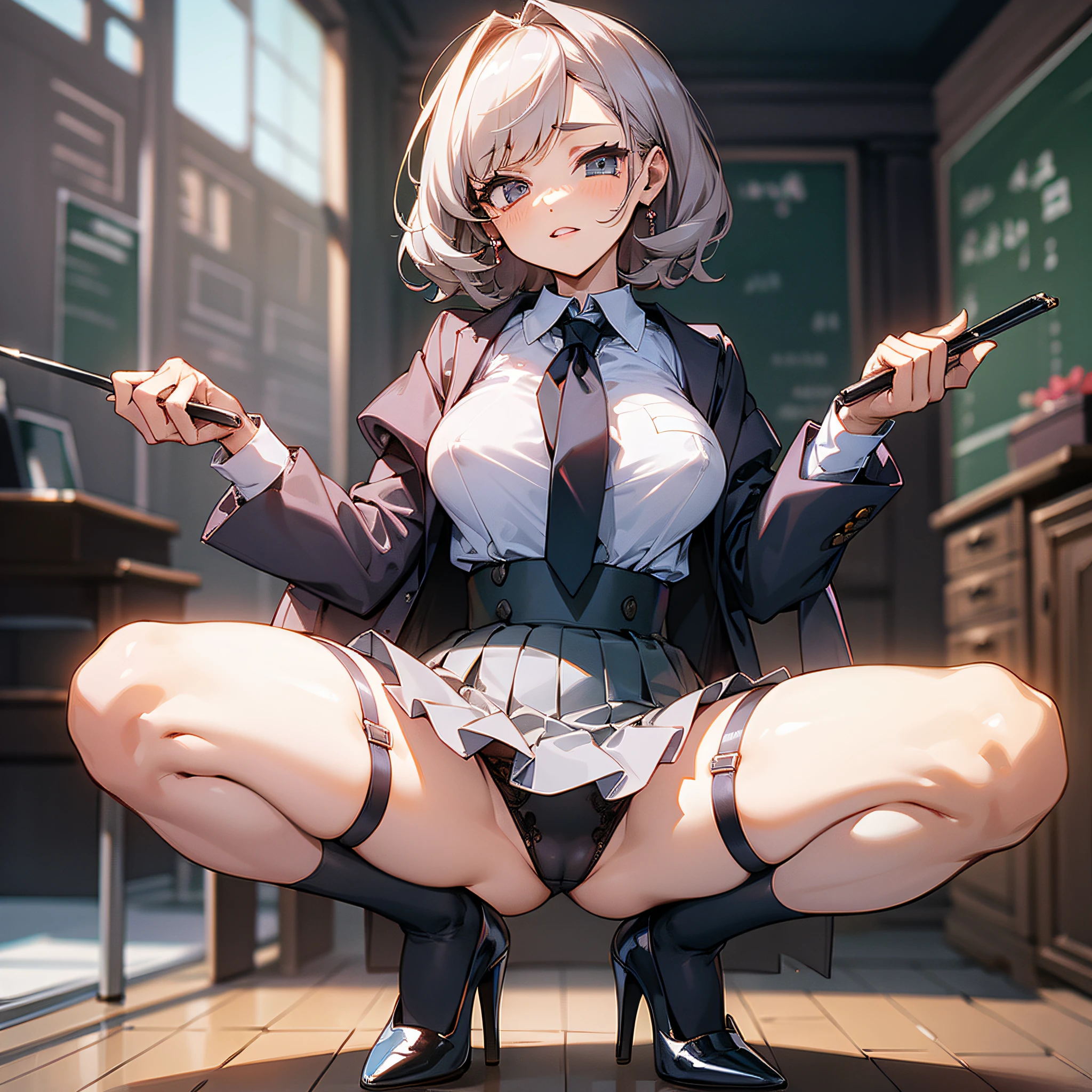 ((Best Quality)), ((Masterpiece)), Skirt, Shirt, Puffy Nipple, Full Body, Squat, Pin Heels, Crotch Open, Garter Belt, Teacher, Creep