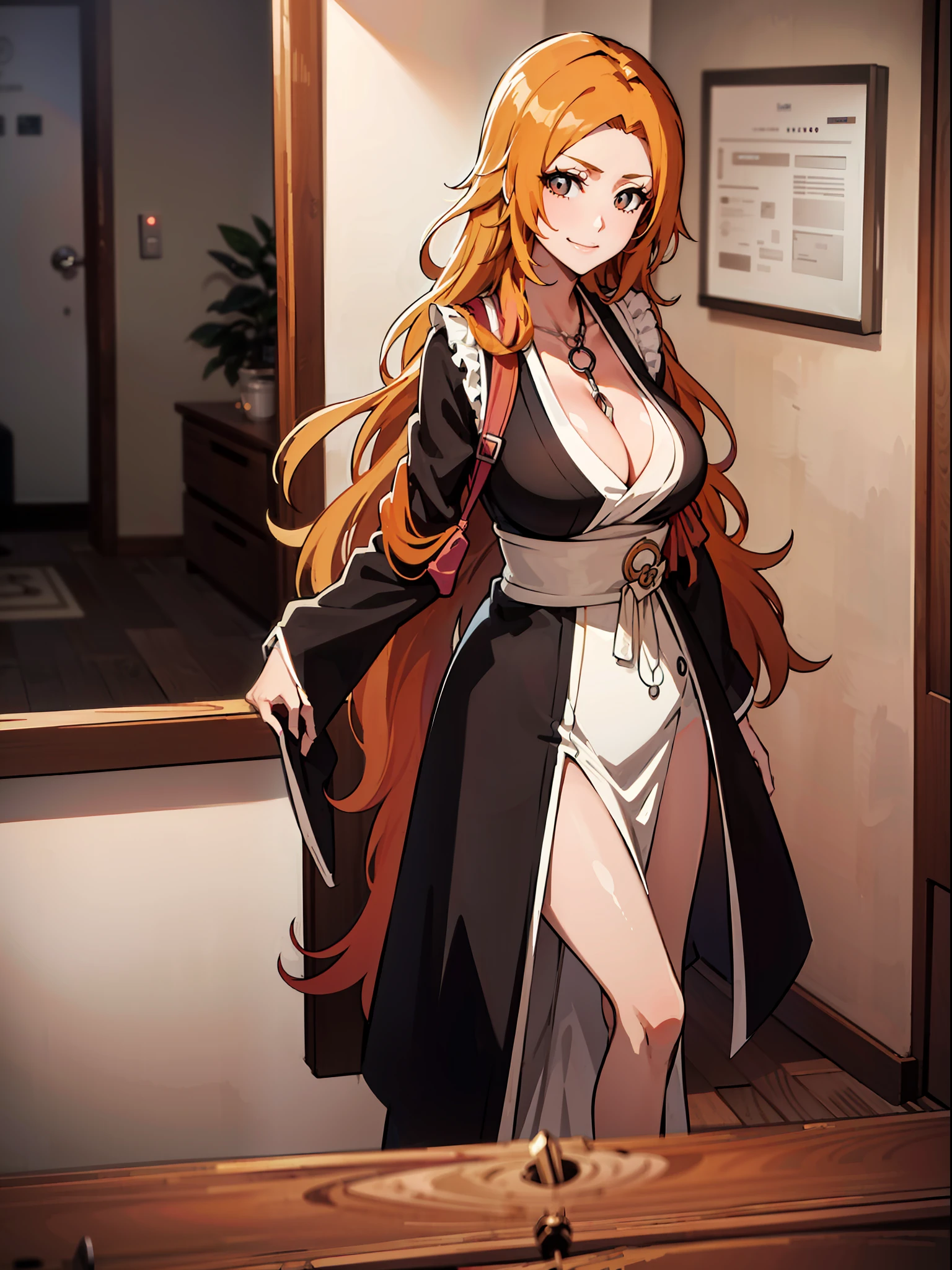 Masterpiece,best quality,line weight ,illustration,1girl, orange hair, long hair, beautiful dress, black kimono,white strap,beautiful eyes,((bend forward)), cleavage visible, indoor, (hospital, stestoscope around neck), smiling, intricate, details, illustration,