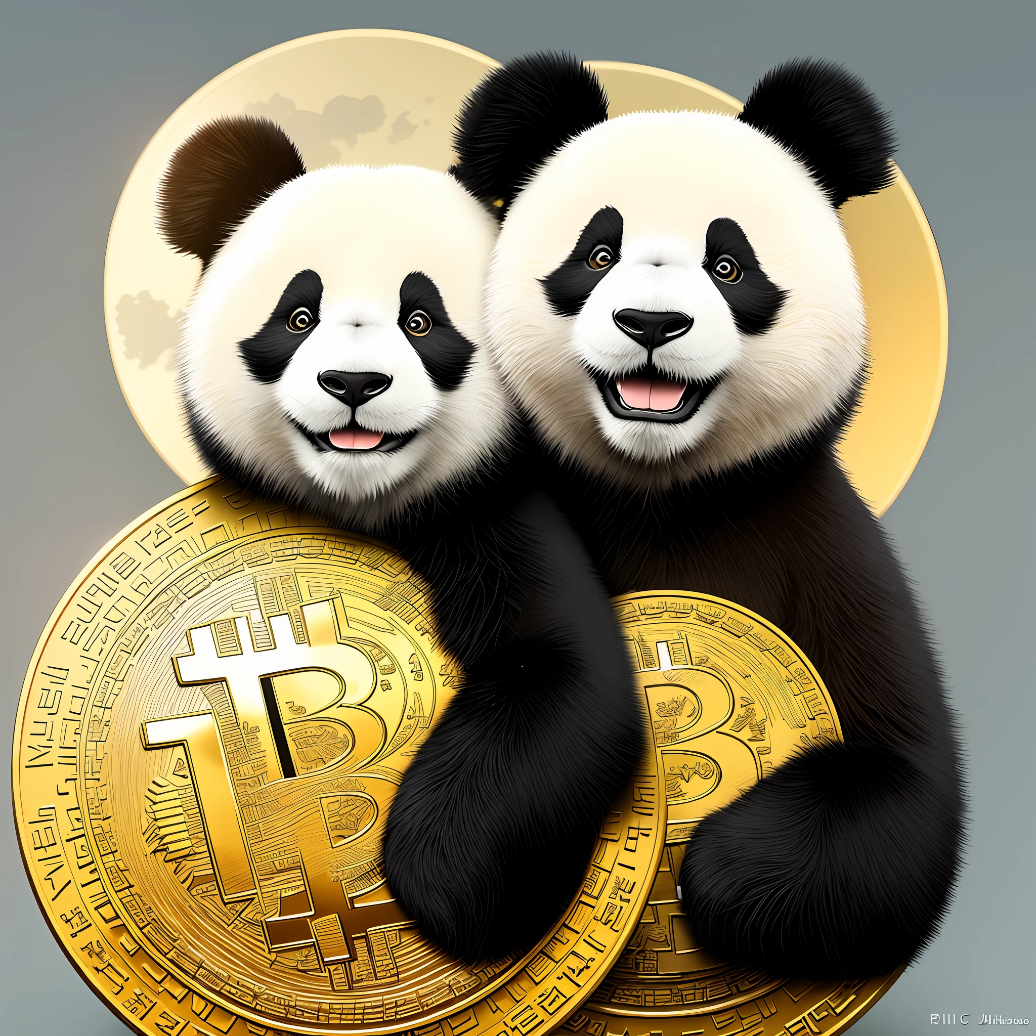 Realistic Happy Panda, Bitcoin Coin, Happy Style, NFT Vibe, 4K Ultra, Epic Realistic, Faded, ((Neutral Color)), Art, Moon Background, Rutkowski