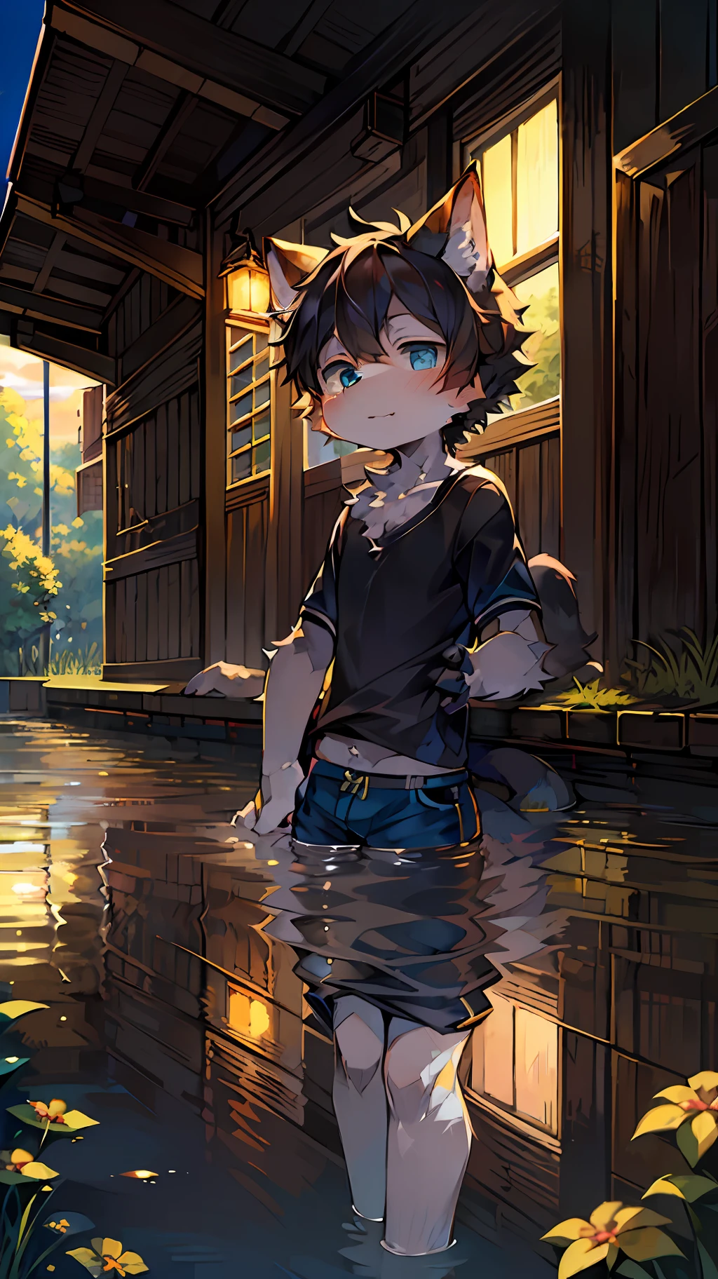 (Bright Environment: 0.8), Masterpiece, High Quality, Abstract Res, Digital Painting\(Artwork\), by Dagasi, Yupa, Kiyosan, (Anthro, Fluffy Fur, Character Focus: 1.1), Anthro Male Cat, Short Hair, Portrait , bright eyes, panorama, character focus. (detailed background: 0.7), solo, furry, furry male, male focus, anthr, (full body fur, fluffy tail, white yellow black fur, blue eyes, black hair, abs: 1.2), (small cat, blue shorts: 1.2), (outside, morning, by the creek: 1.1