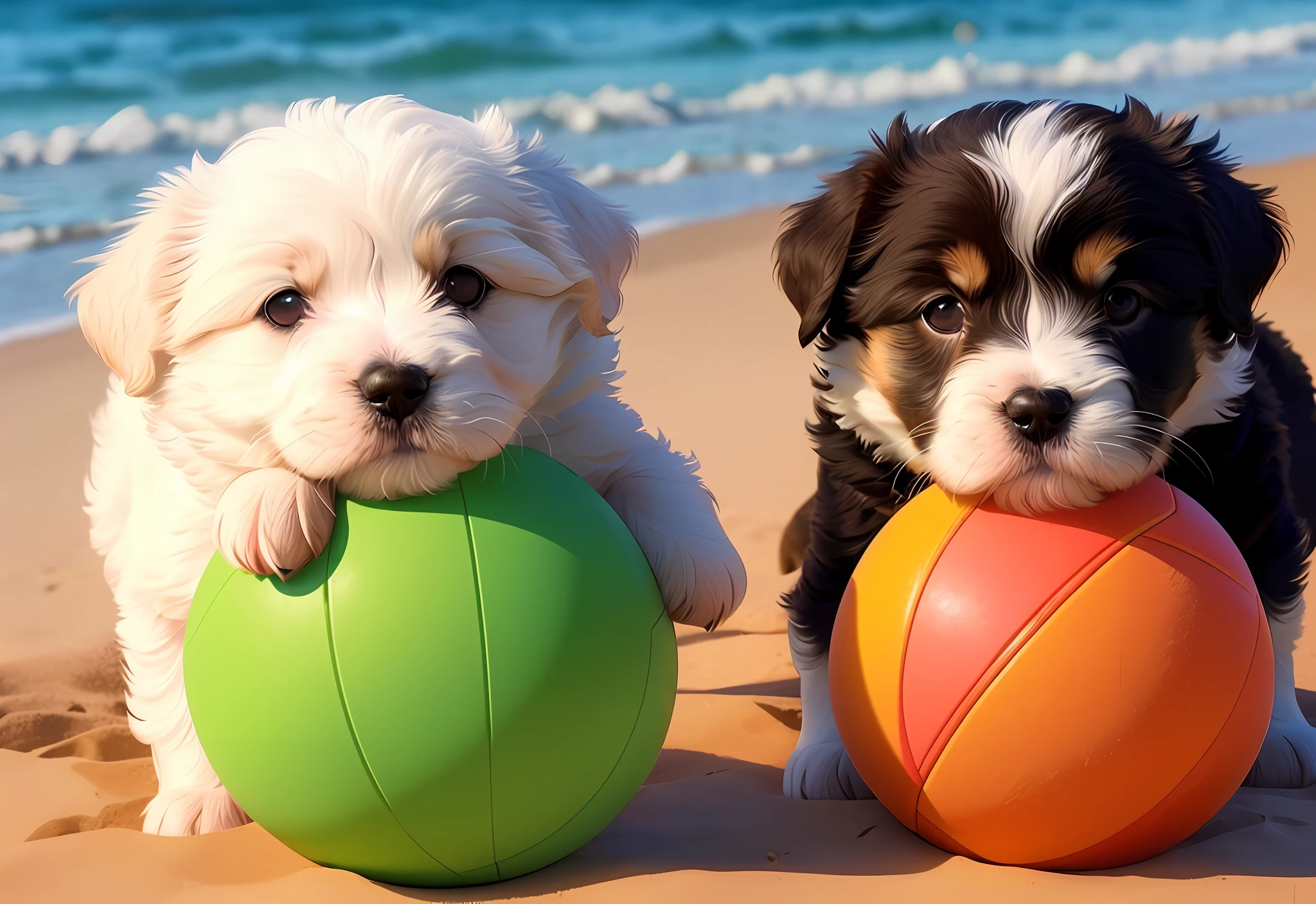 There are two puppies who are playing with a ball on the beach, puppies, HD wallpaper, on a sunny beach, playing on the beach, on the beach, high quality wallpaper, high quality wallpaper, on the beach, cute 3 d render, cute animals, incredibly cute, dogs, cute! c4d, cutest, on a beach,