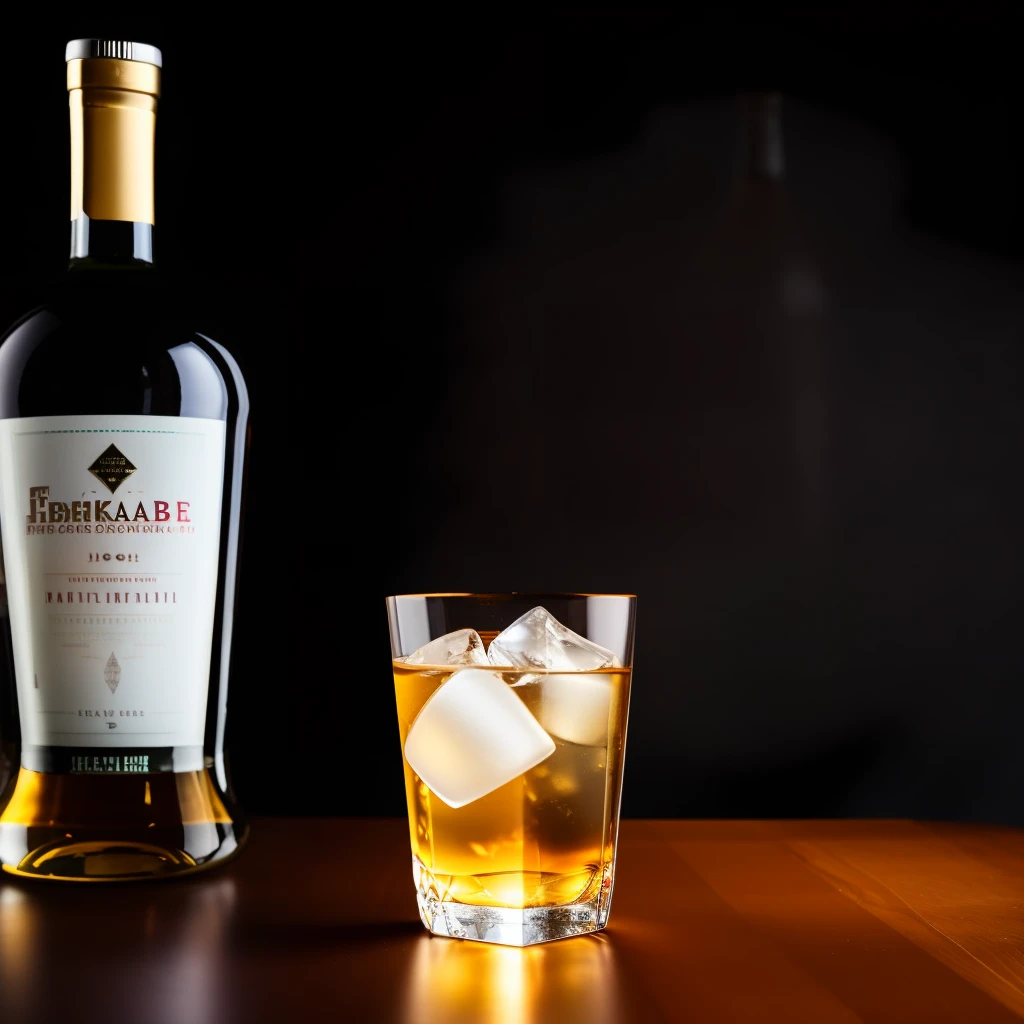 A bottle of liquor with a glass and ice on a table