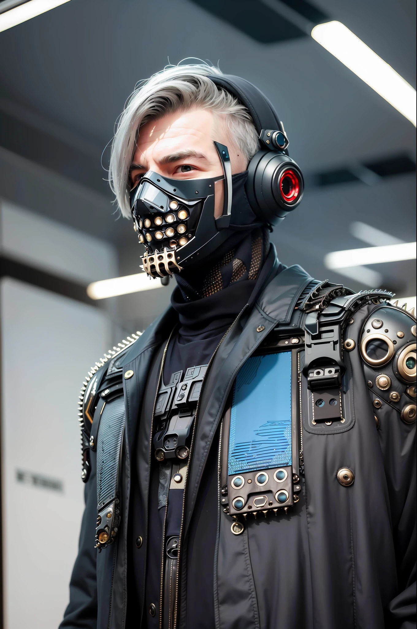 masterpiece, absurdres, best quality, best aesthetic, ultra-detailed, ultra detailed, extremely detailed, intricate details, 1boy , mature man , masculine , masculine features , solo, grey hair, long hair, blue eyes, eyelashes, science fiction, techwear, (((techpunkmask))), ((( futuristic mask))),headgear, close-up,
