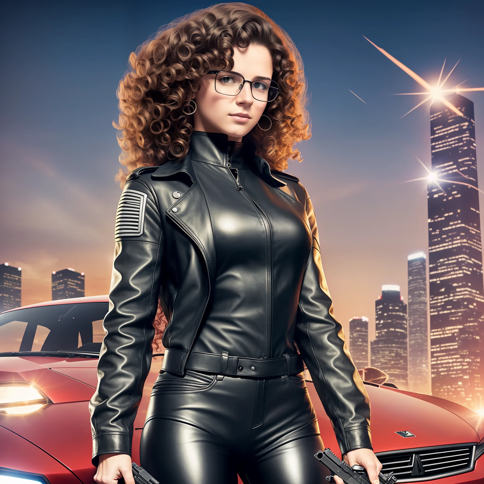 Young 19 years old, realistic, with medium curly hair, wearing prescription glasses, with a black leather outfit, Farlight 84 writing, woman holding a gun, image with great resolution, quality lighting, leaning against a car that turns robot --auto --s2