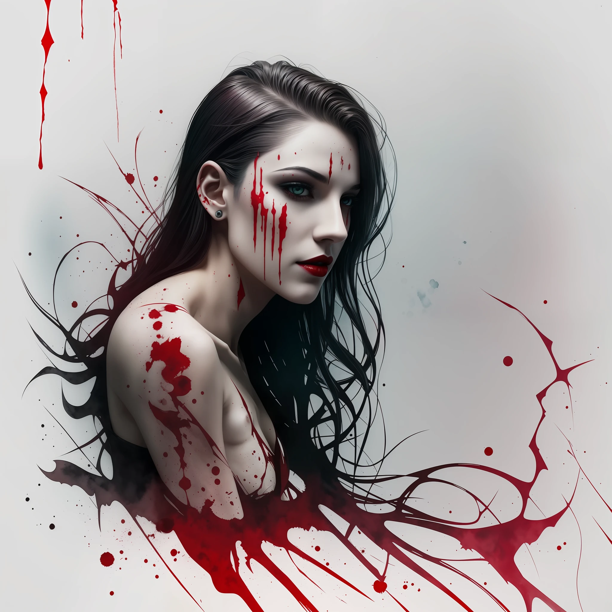 Beautiful vampire, bared fangs, blood-covered river as background, watercolor style smear, art, dramatic lighting, David Lynch's image style, abstract expressionism, metaphysics, expressionism, golden ratio,details aesthetic octane render excellent composition natural textures 8k oil paining masterpiece canon eos r4s 50