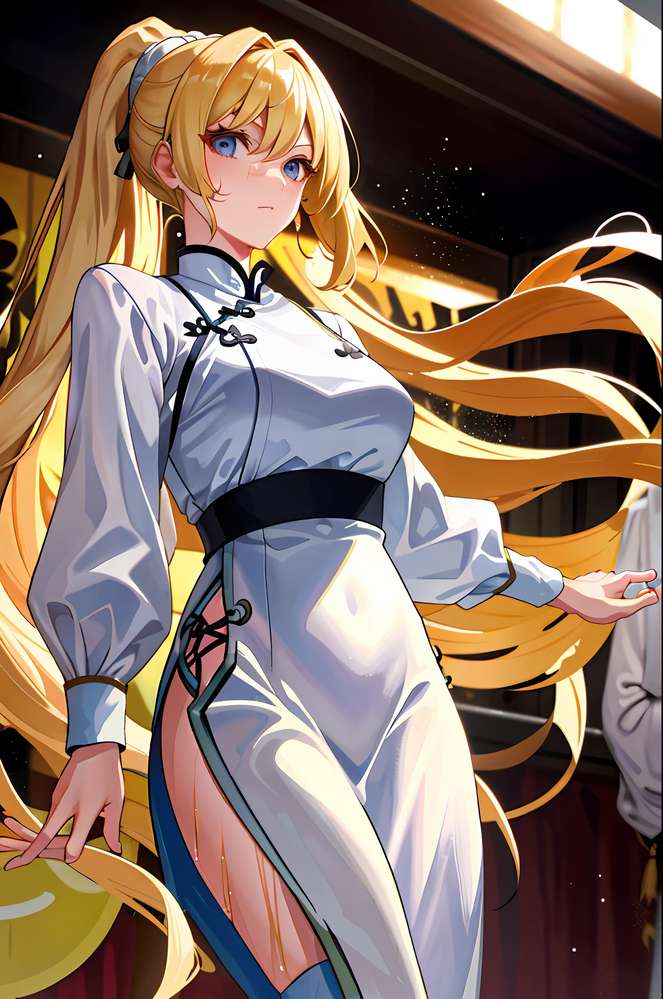 Two-dimensional, blonde girl, tall, big chest, high ponytail, cheongsam, white silk, sweaty, drenched