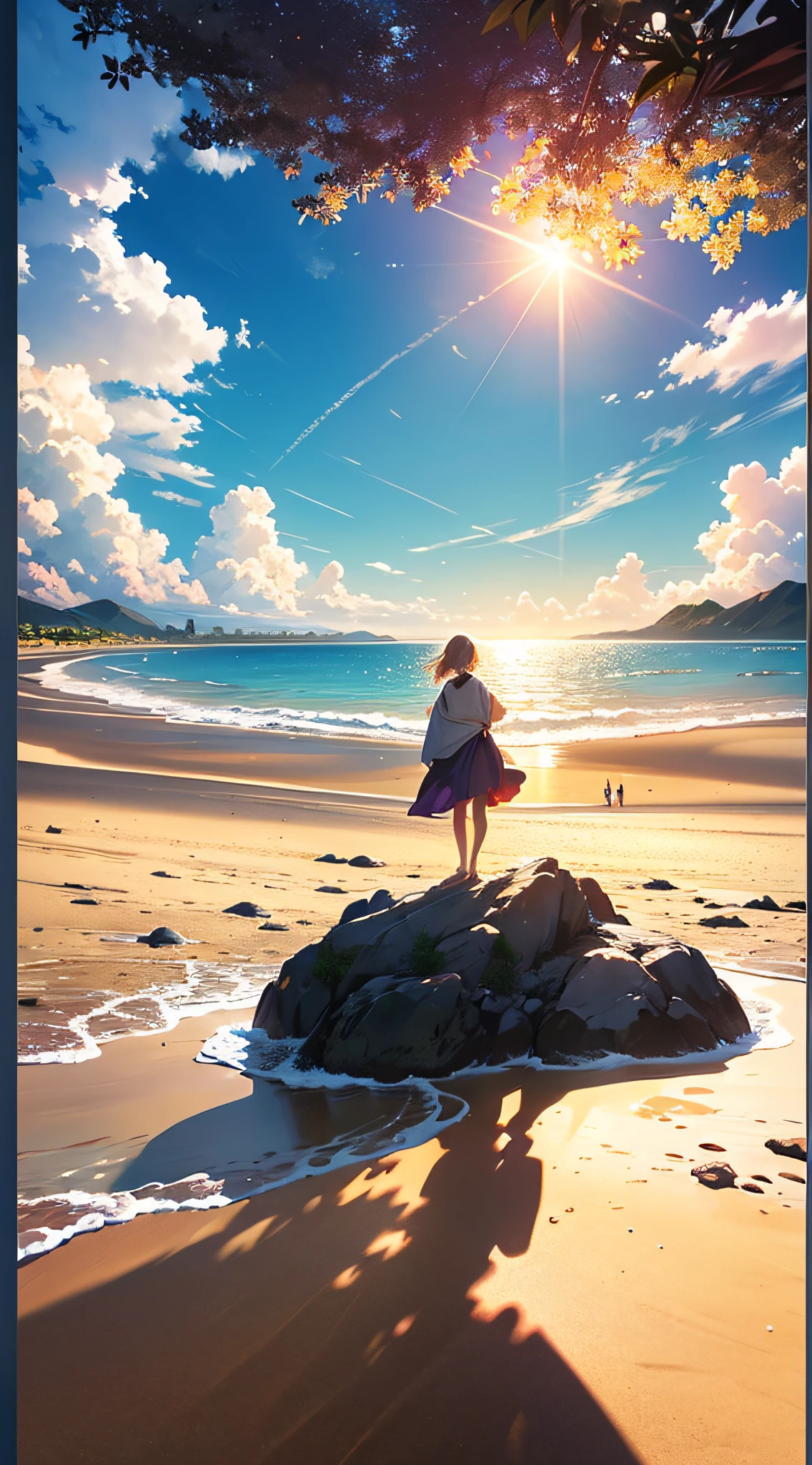 A wide-ranging landscape photo, captured with a stunning view of the beach, with the blue sky and the open countryside of the coastline below. On the golden sand, a girl is standing, barefoot, looking up. The bright sun (1:2) is radiant in the sky, scattering its rays of golden light throughout the scene. In the distance, distant mountains can be seen along the coast, adding a sense of serenity. BREAK Crafting Art tropical trees frame the beach, providing soft shade and a picturesque natural frame. The warm light (1.2) of the sun bathes the scene, creating a vibrant color palette, with shades of purple and orange blending harmoniously. Intricate details and volumetric lighting BREAK (Masterpiece: 1.2) highlight the stunning beauty of the place. The image quality is 4K, ultra detailed, capturing each element perfectly. The dynamic composition (1.4) gives movement and fluidity to the image, while vivid colors and a rainbow (1.2) add a magical touch. The brightness of the sun reflected in the water and the atmospheric lighting create an atmosphere of dream and tranquility. The soil (1.2) is rich in detail and texture, conveying the feeling of walking on the warm sand of the beach.