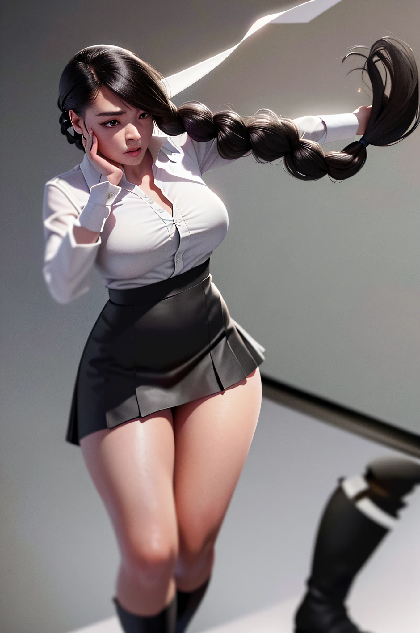 1 girl, solo, classroom, desk, dynamic pose, petra_academy, braided ponytail, facial mark, ascot, white shirt, black high-waist skirt, black boots (((photorealistic, hyper-realistic, RAW photo:1.2))),masterpiece, best quality, intricate details, 8k uhd, perfect face, perfect eyes,, downblouse, leaning forward