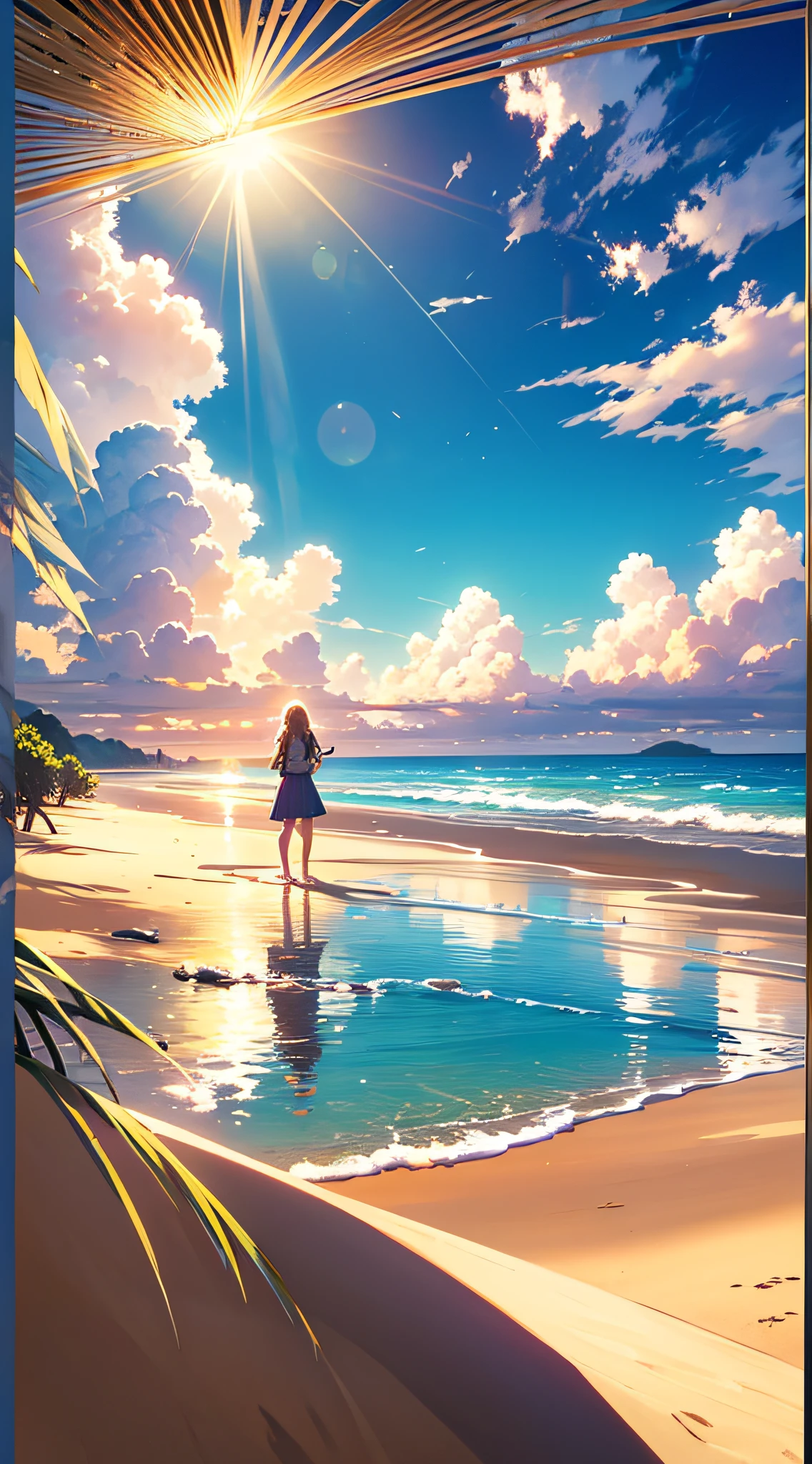 A wide-ranging landscape photo, captured with a stunning view of the beach, with the blue sky and the open countryside of the coastline below. On the golden sand, a girl is standing, barefoot, looking up. The bright sun (1:2) is radiant in the sky, scattering its rays of golden light throughout the scene. In the distance, distant mountains can be seen along the coast, adding a sense of serenity. BREAK Crafting Art tropical trees frame the beach, providing soft shade and a picturesque natural frame. The warm light (1.2) of the sun bathes the scene, creating a vibrant color palette, with shades of purple and orange blending harmoniously. Intricate details and volumetric lighting BREAK (Masterpiece: 1.2) highlight the stunning beauty of the place. The image quality is 4K, ultra detailed, capturing each element perfectly. The dynamic composition (1.4) gives movement and fluidity to the image, while vivid colors and a rainbow (1.2) add a magical touch. The brightness of the sun reflected in the water and the atmospheric lighting create an atmosphere of dream and tranquility. The soil (1.2) is rich in detail and texture, conveying the feeling of walking on the warm sand of the beach.
