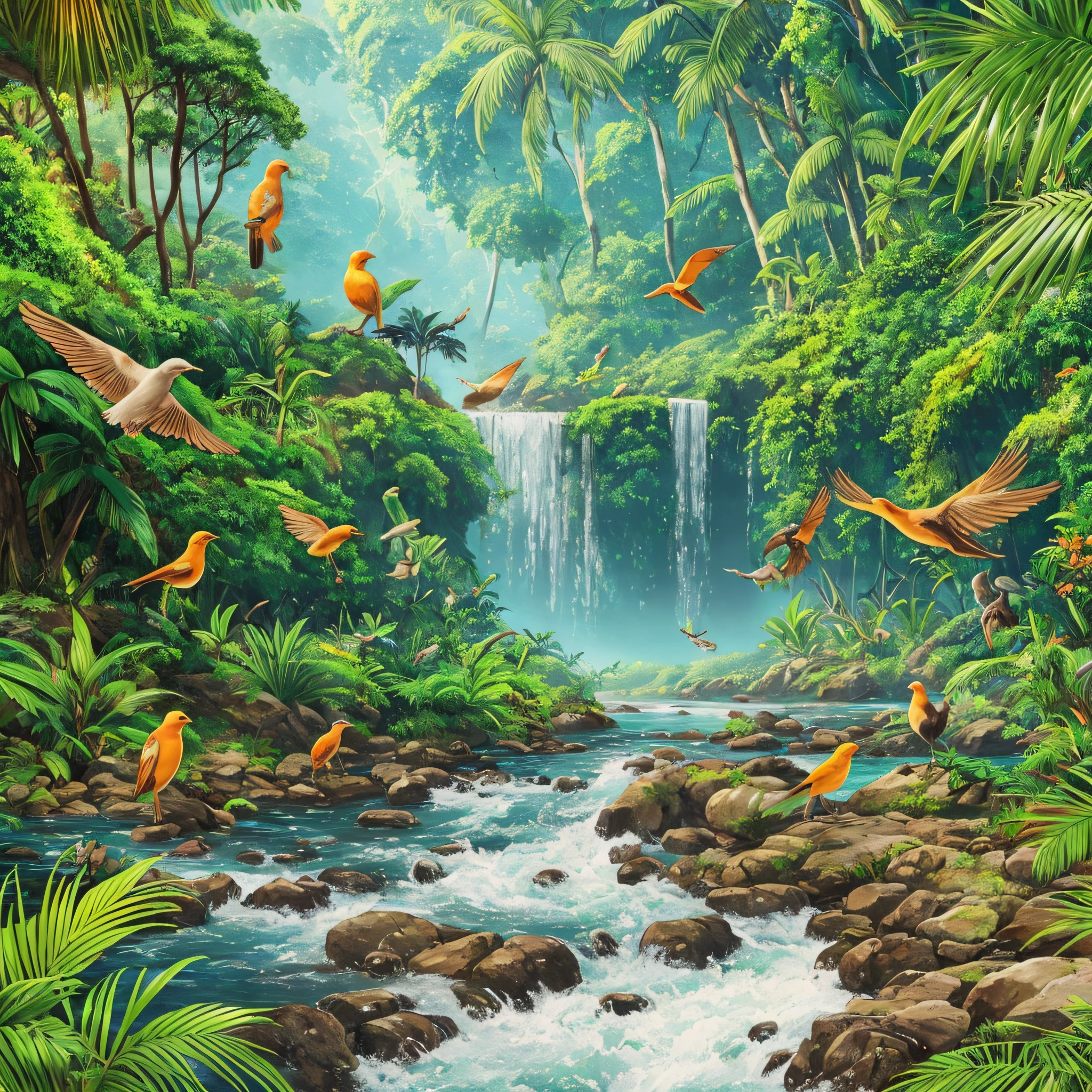 Generate some animals in the middle of the jungle, with some birds and a river nearby, hd photo style --auto --s2