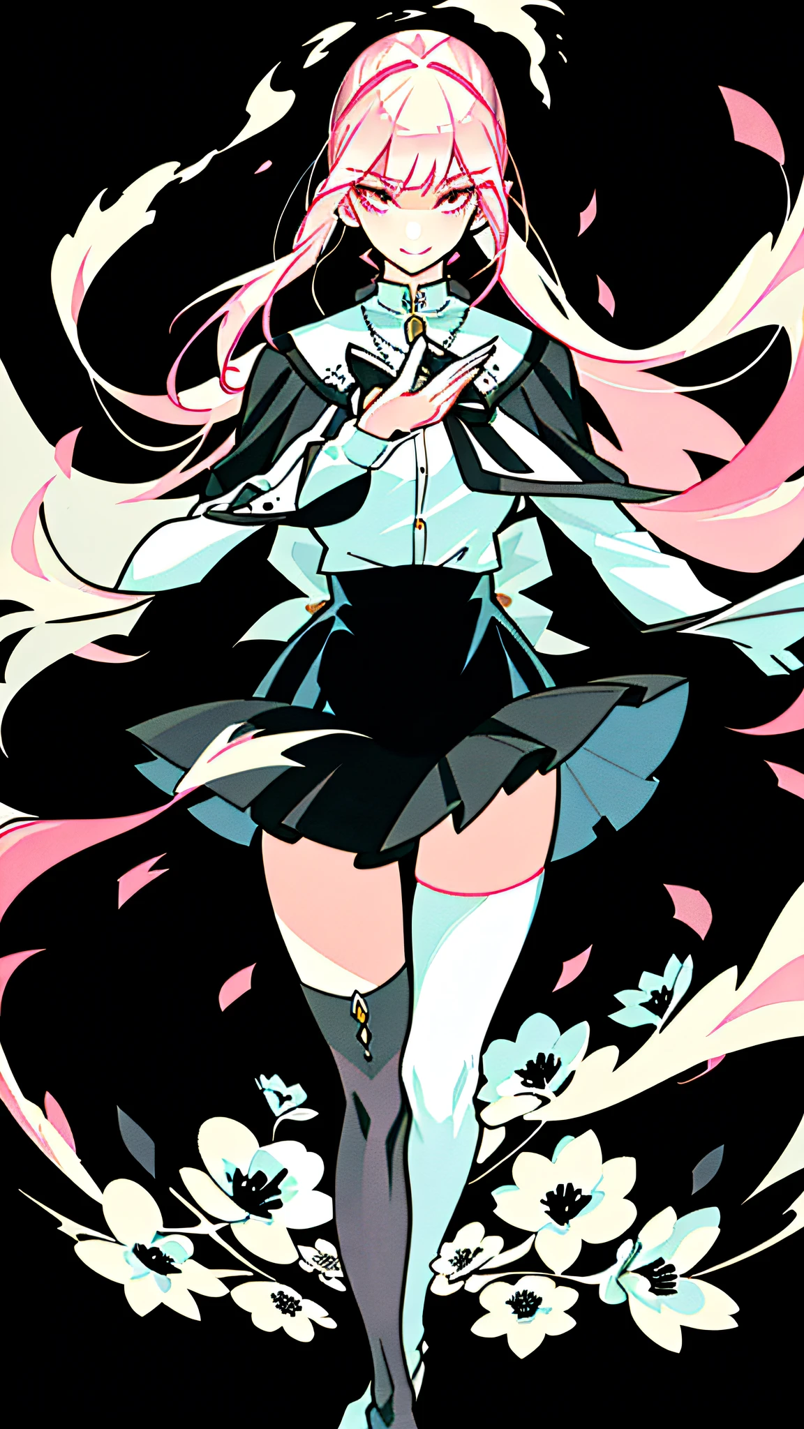 Best quality, female, Tokisaki Madzo, pointed ears, long white hair, double ponytail, black knee-length stockings, garland on head, head up, skirt lift, in winter, ((ink)),(antique), blooming effect, detailed beautiful grassland with petals, flowers, butterflies, necklace, smile, petals, ((surrounded by heavy floating petal streams)))