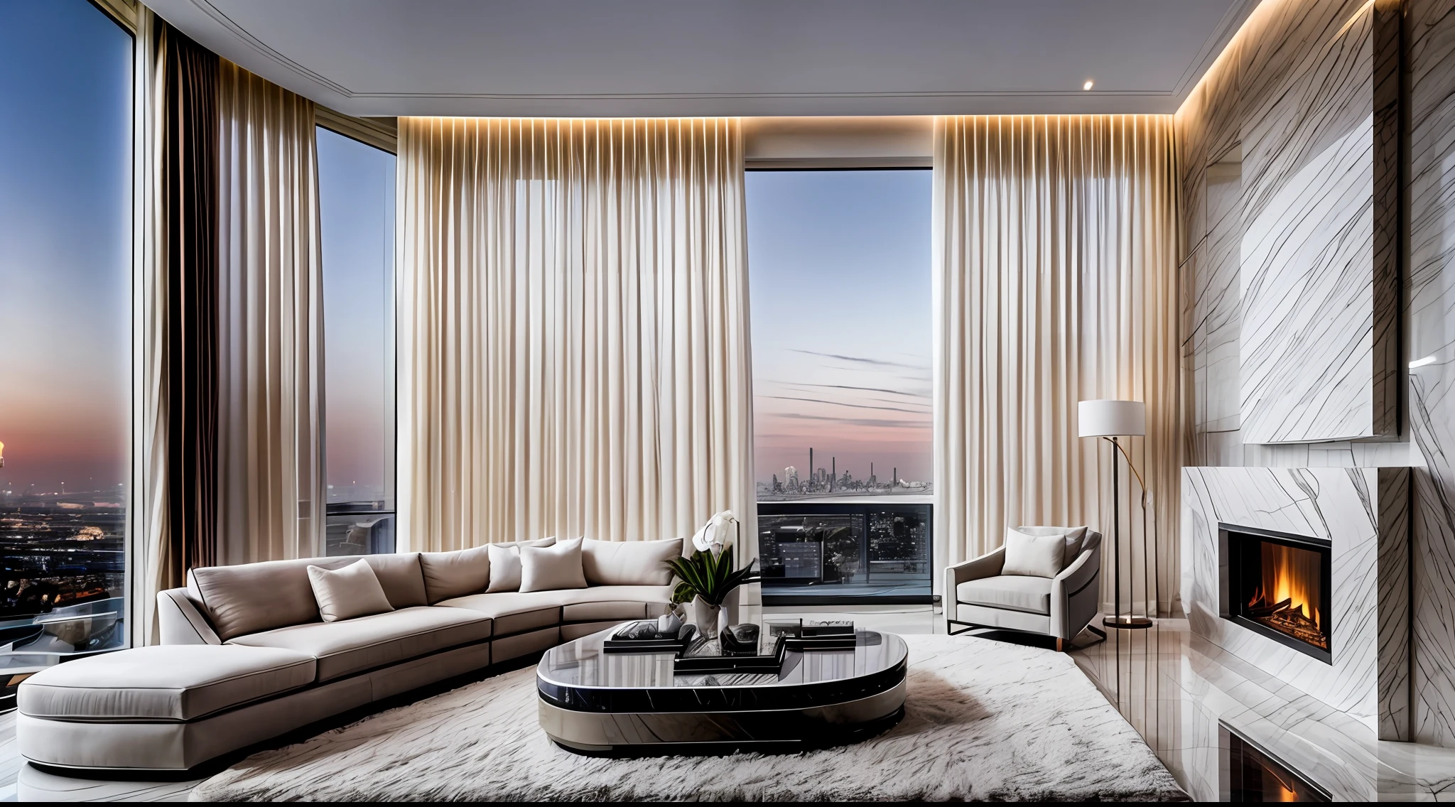 A luxurious living room in a contemporary penthouse, featuring floor-to-ceiling windows overlooking a breathtaking city skyline at dusk, sleek and minimalist furniture with clean lines and soft neutral tones, a polished marble fireplace as the centerpiece, evoking a sense of modern elegance and sophistication, Photography, wide-angle lens (24mm) to capture the expansive view