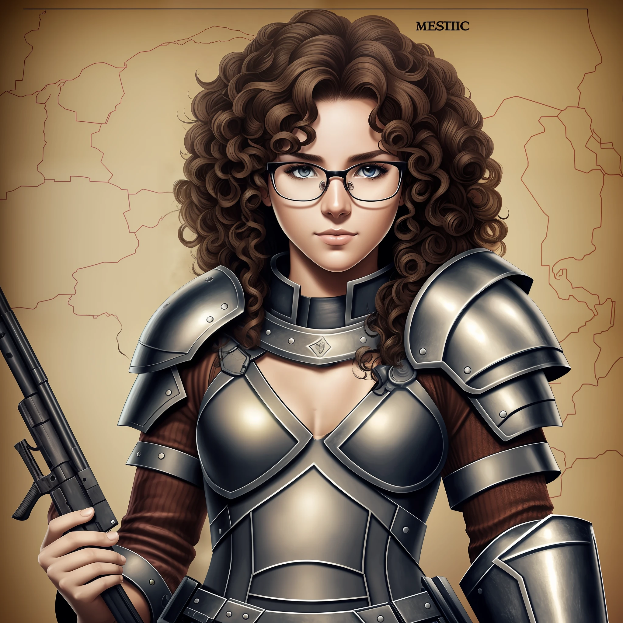 Girl with medium curly hair, eyeglasses, Brazilian, realistic, with a game map background, armor and holding a gun, looking at the viewer --auto --s2