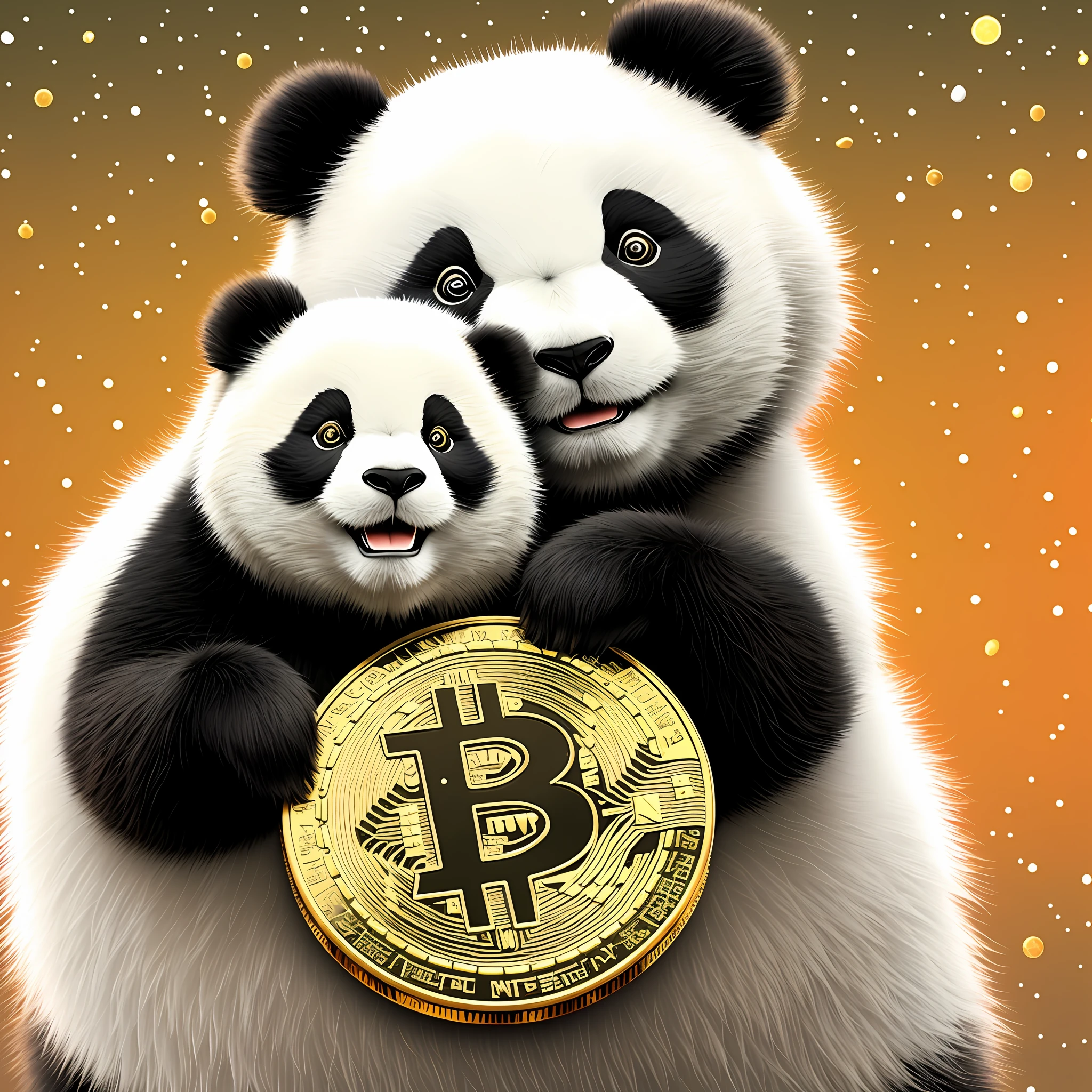 Realistic funny panda, bitcoin coin, happy style, nft vibe, 4k ultra, epic realistic, faded, ((neutral color)), star poster, moon background, rutkowski