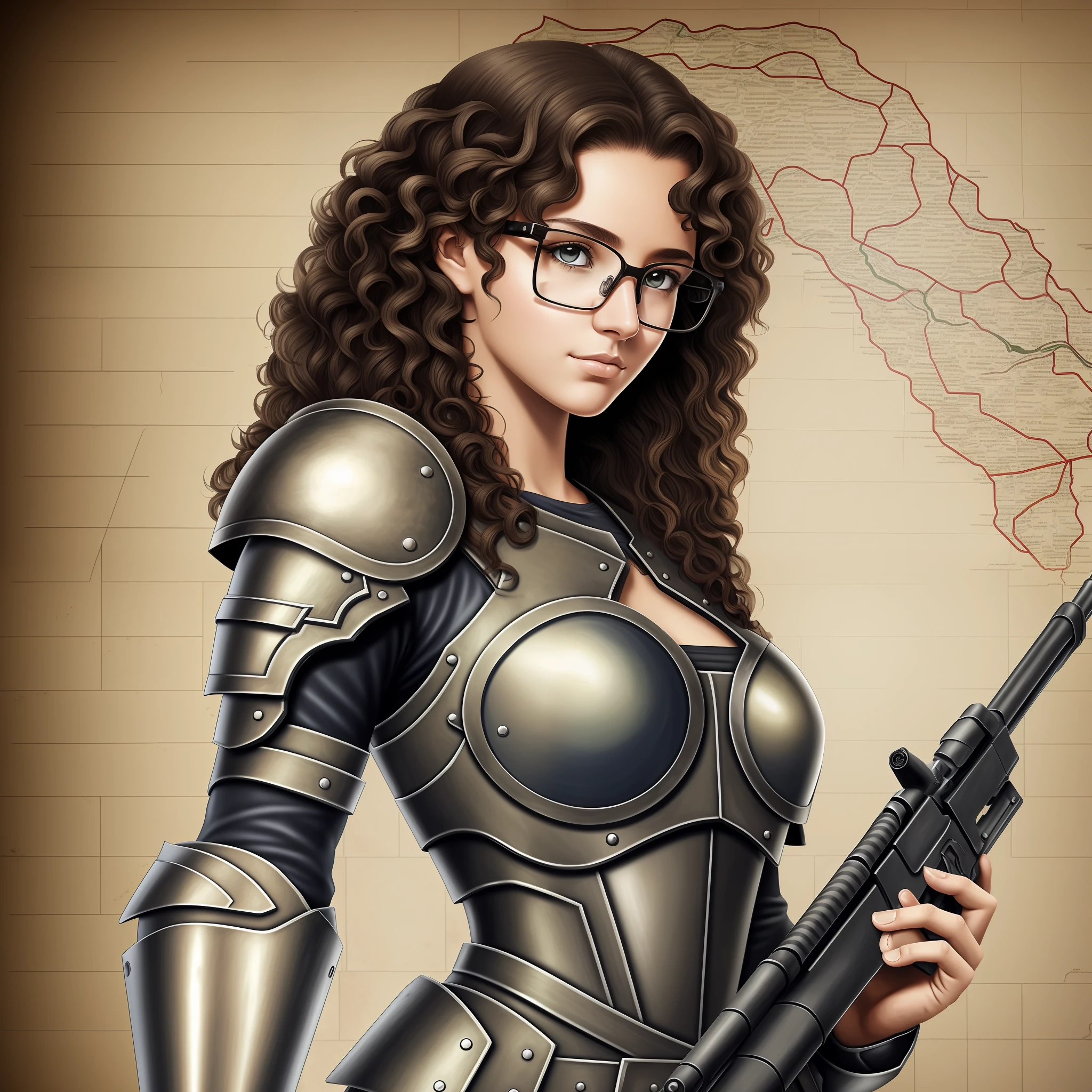 Girl with medium curly hair, eyeglasses, Brazilian, realistic, with a game map background, armor and holding a gun, looking at the viewer --auto --s2