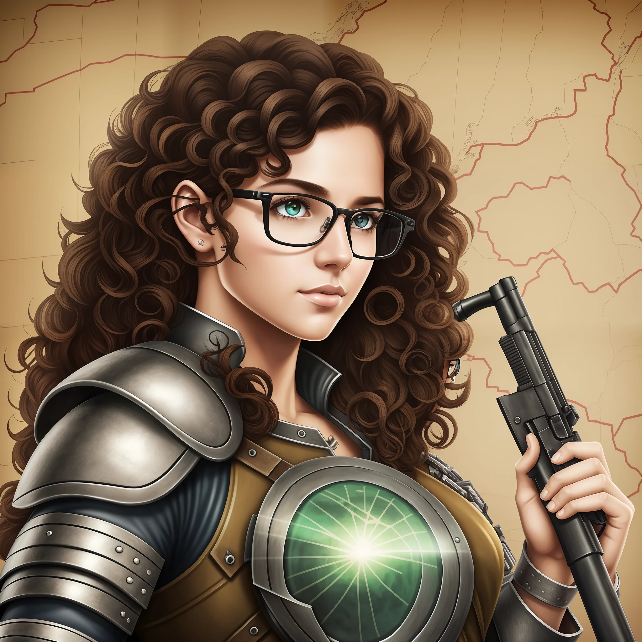 Girl with medium curly hair, eyeglasses, Brazilian, realistic, with a game map background, armor and holding a gun, looking at the viewer --auto --s2