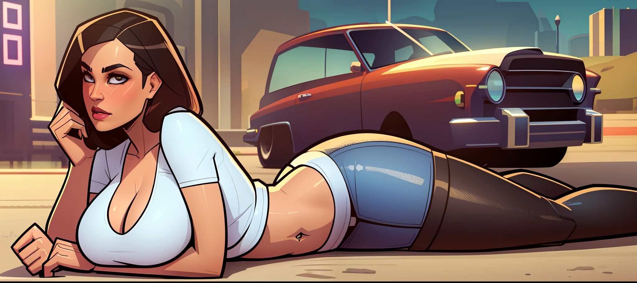 Arafed woman lying on the ground next to a car, background work, giant art, pinup art, artgasm, HD art, cutesexyrobutts, (SFW) safe for work, HD screenshot, comic digital art, girl pinup, detailed digital art, comic drawing style, art GTA 5, big boobs, sexy girl, art GTA5, realistic comic drawing style,  small white top, no underwear, comic art style, young girl, brown hair color, big breasts, sexy waist, slightly brown skin