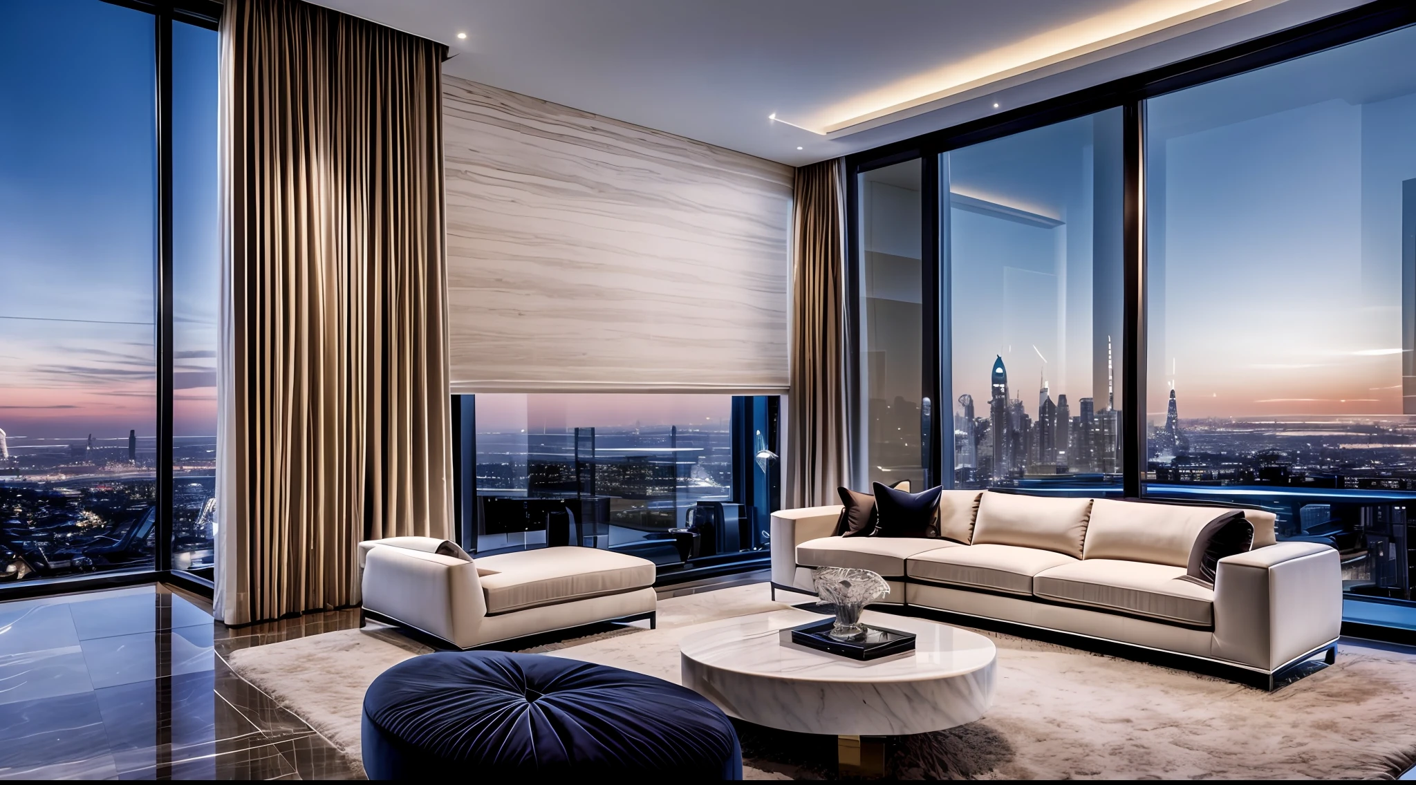 A luxurious living room in a contemporary penthouse, featuring floor-to-ceiling windows overlooking a breathtaking city skyline at dusk, sleek and minimalist furniture with clean lines and soft neutral tones, a polished marble fireplace as the centerpiece, evoking a sense of modern elegance and sophistication, Photography, wide-angle lens (24mm) to capture the expansive view