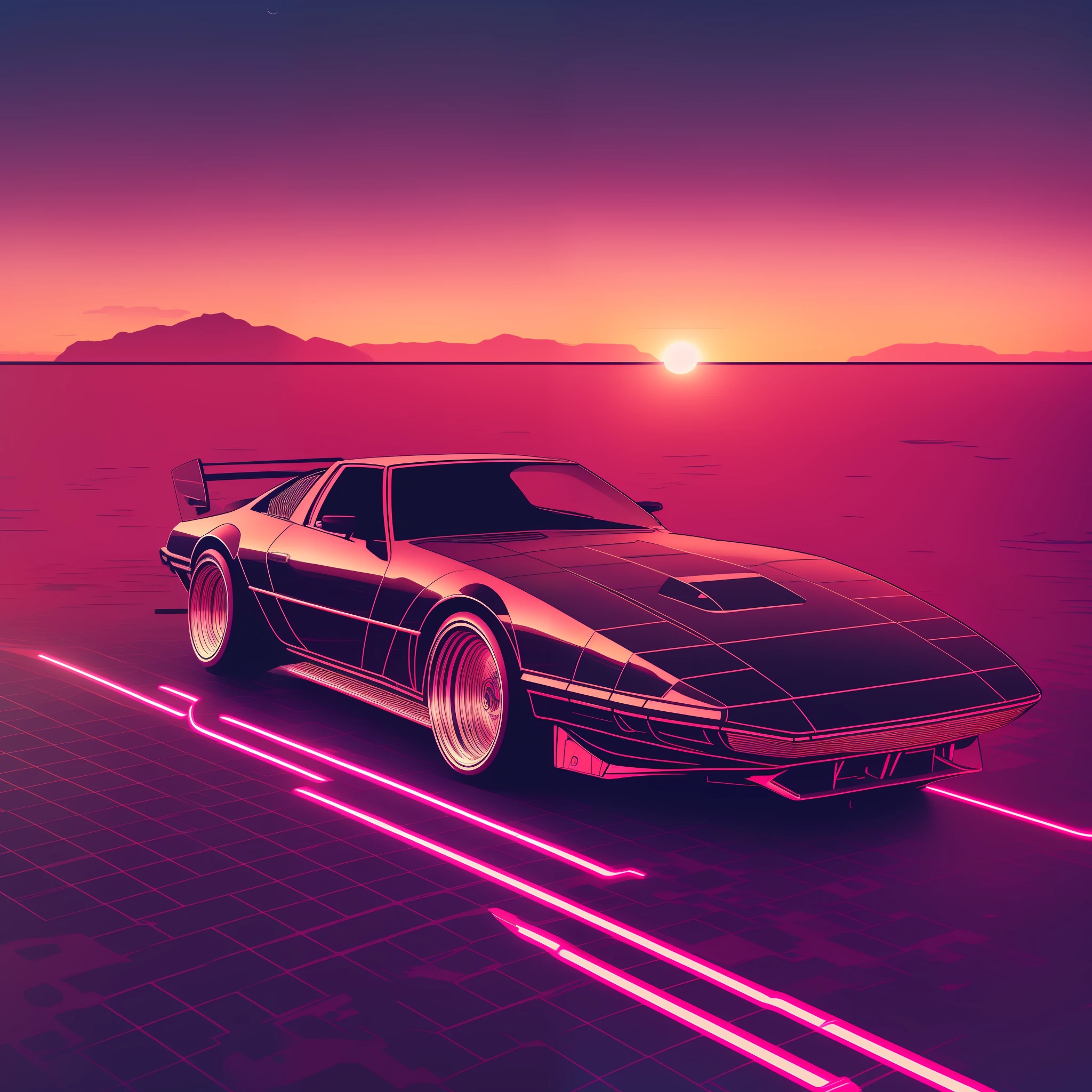 realistic, futuristic, car, 4k, sunset, retro, kitt, dark sky, (nvinkpunk:1.2), (snthwve style:0.8), light wave, intricate, highly detailed