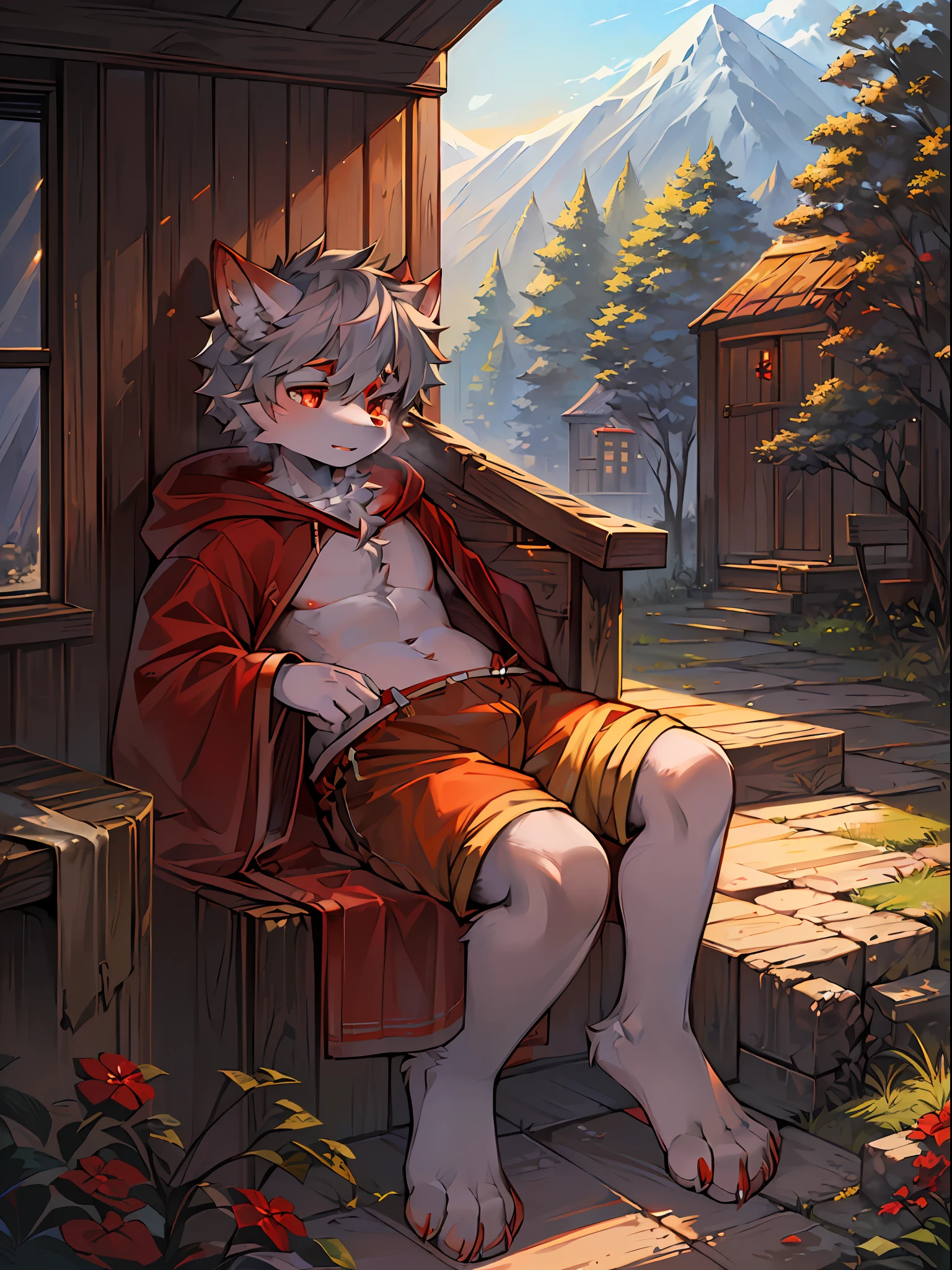 solo,1boy,anthro,furry_male,fox_boy,(red_fur:1.3),(detailed_fluffy_fur),(intricate_detail_fluffy_fur),tuft,(body_fur:1.2),oil_skin,(skin_with_fluffy_fur),tail,short_ hair, red_eyes, blonde_hair, shorts, hoodie, upper_body_close-up, cowbow_shot, half-closed_eyes, expressionless, heavy breathing, looking_at_viewer. (Cozy_Childhood_Hideaway:1.5), (detailed_background, amazing_background), outdoor, landscape. Bright eyes, panorama, character focus. (Detailed background: 0.7), Solo, Furry, Hairy Male, Male Focus, Anthr, (Full Body Fur, Fluffy Tail, White Fur, Red Eyes, Gray Hair: 1.2), (Long Canids, Foxes), Black Vertical Pupils Pink flesh pad
