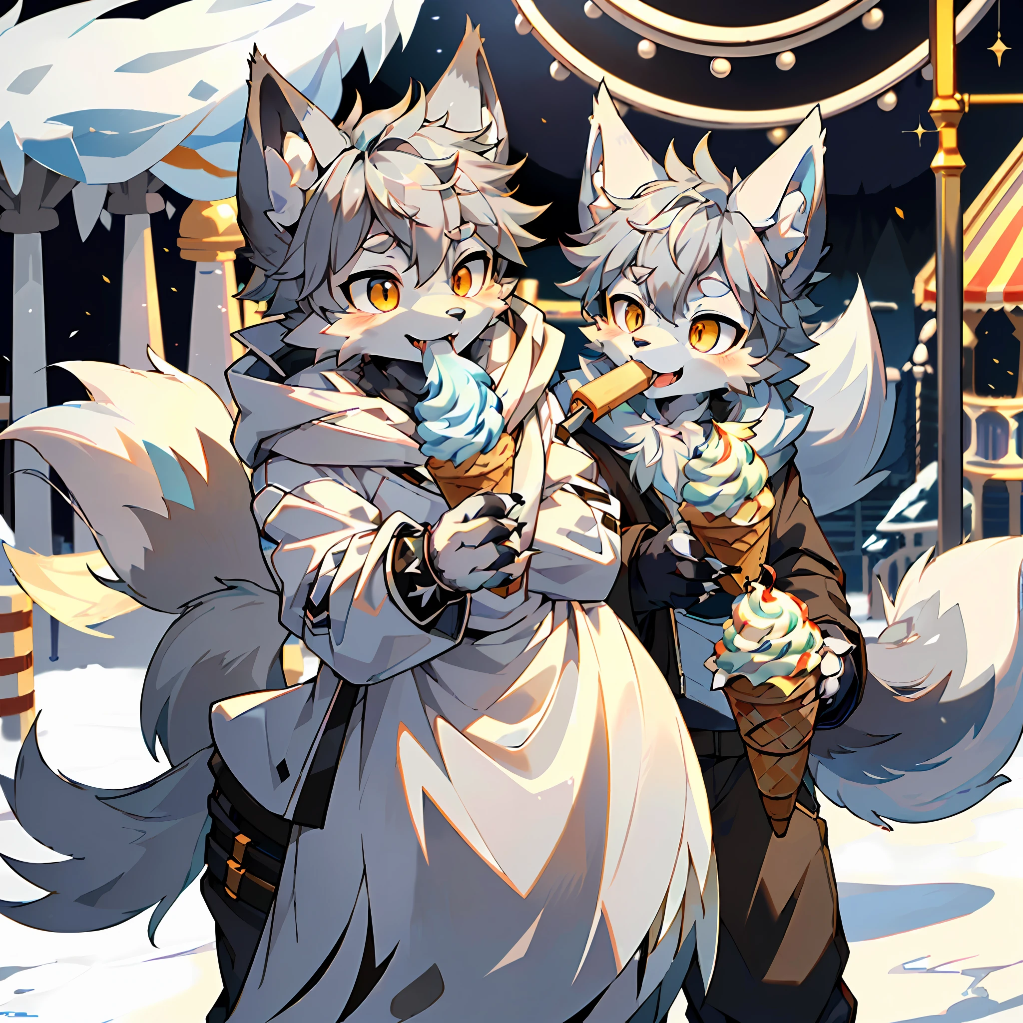 (Best Quality), (Masterpiece), ((Solitary)), (Ultra Detailed), (Furry), (Furry, (Male Arctic Fox: 1.5), (Gray Fur: 1.3), (Fluffy Tail: 1.2), (Golden Eyes), (Sharp Claws), (Grey Ears), Open Mouth, Sharp Focus, (Furry Feeling of Animal Ears), ((In Amusement Parks)), ((Eating Ice Cream))