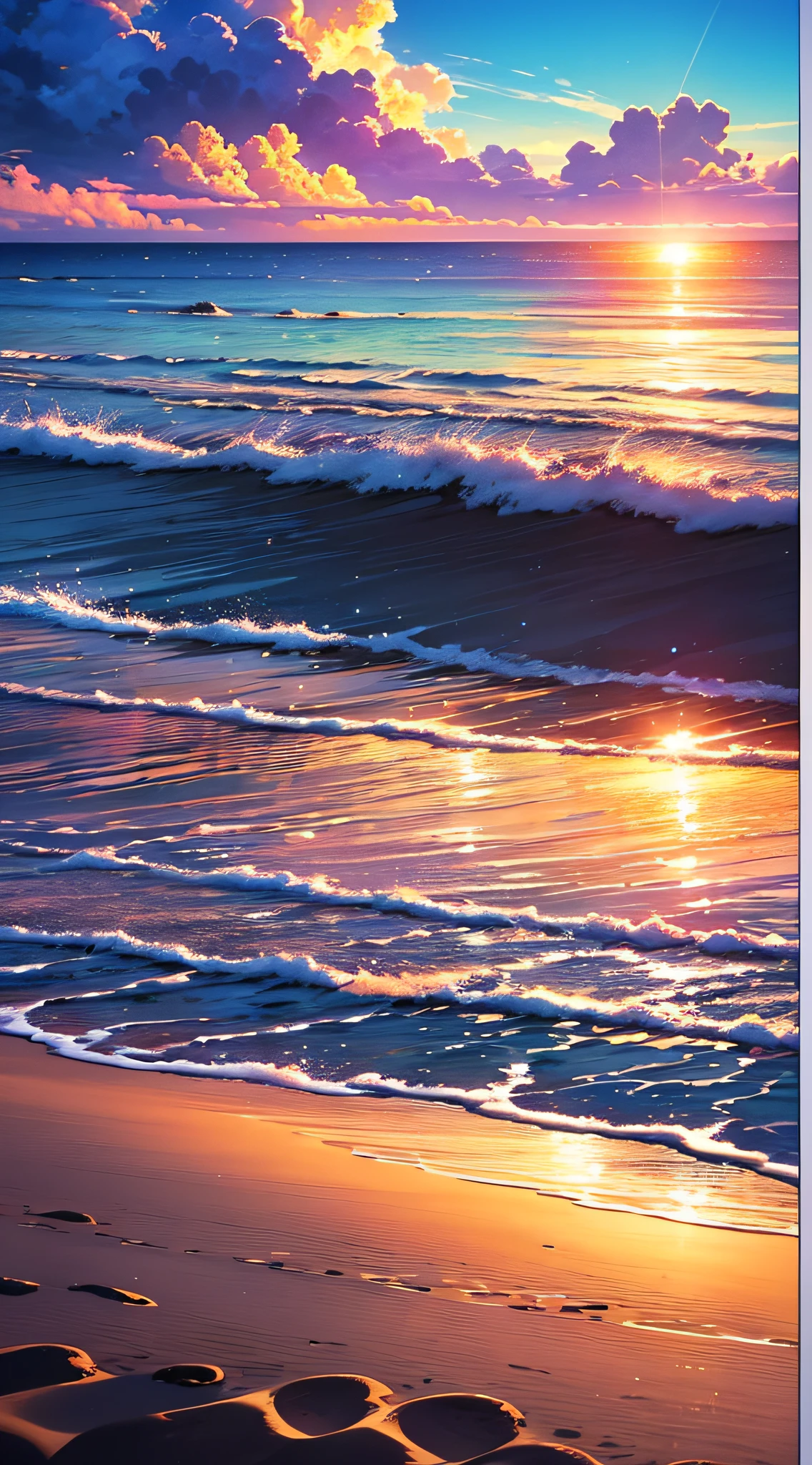 A wide-ranging landscape photo, captured with a stunning view of the beach, with the blue sky and the open countryside of the coastline below. On the golden sand, a girl is standing, barefoot, looking up. The bright sun (1:2) is radiant in the sky, scattering its rays of golden light throughout the scene. In the distance, distant mountains can be seen along the coast, adding a sense of serenity. BREAK Crafting Art tropical trees frame the beach, providing soft shade and a picturesque natural frame. The warm light (1.2) of the sun bathes the scene, creating a vibrant color palette, with shades of purple and orange blending harmoniously. Intricate details and volumetric lighting BREAK (Masterpiece: 1.2) highlight the stunning beauty of the place. The image quality is 4K, ultra detailed, capturing each element perfectly. The dynamic composition (1.4) gives movement and fluidity to the image, while vivid colors and a rainbow (1.2) add a magical touch. The brightness of the sun reflected in the water and the atmospheric lighting create an atmosphere of dream and tranquility. The soil (1.2) is rich in detail and texture, conveying the feeling of walking on the warm sand of the beach.
