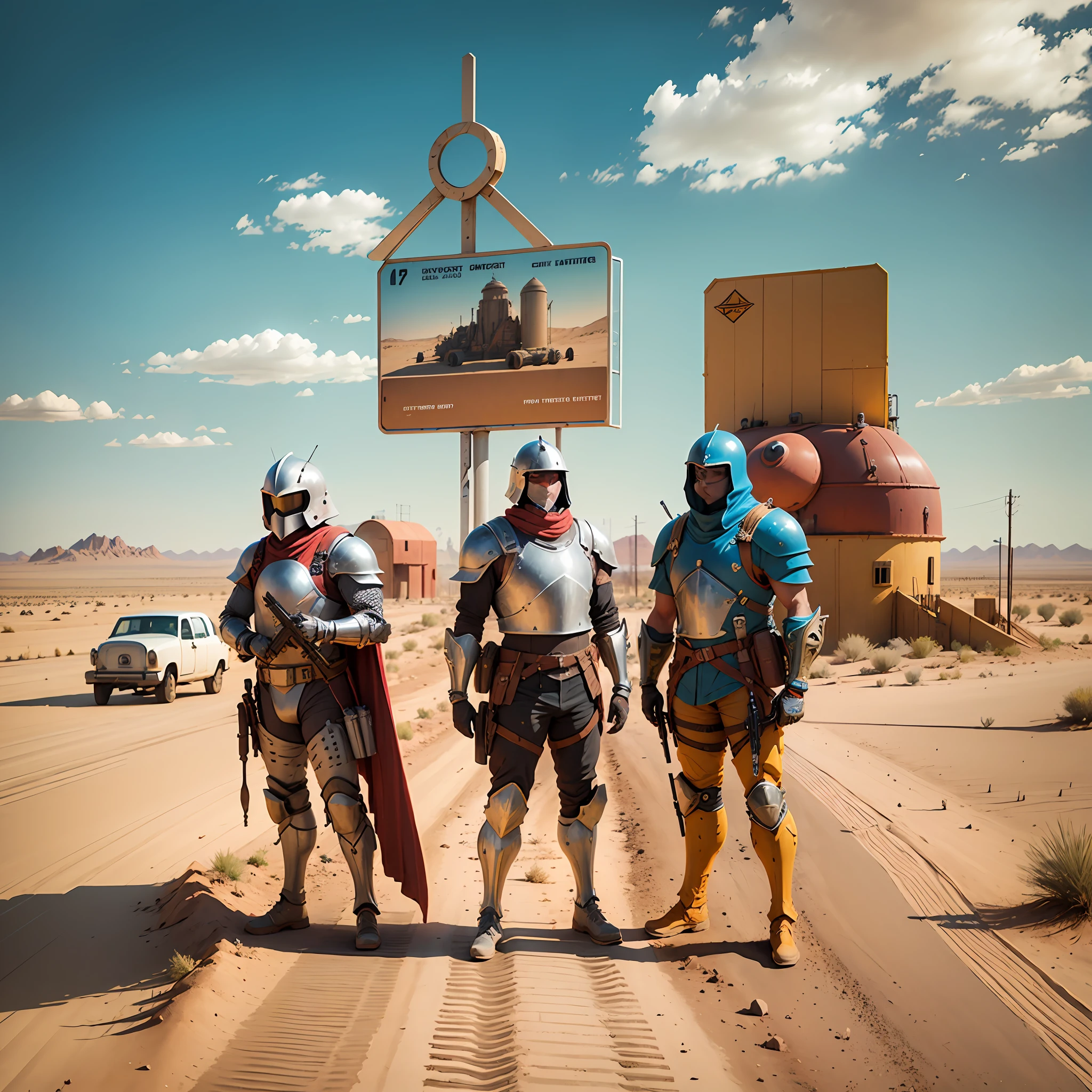 Three men, wearing armor made of colored road signs, guns, shooting, in a desert with a silo, gas station, rusty color.