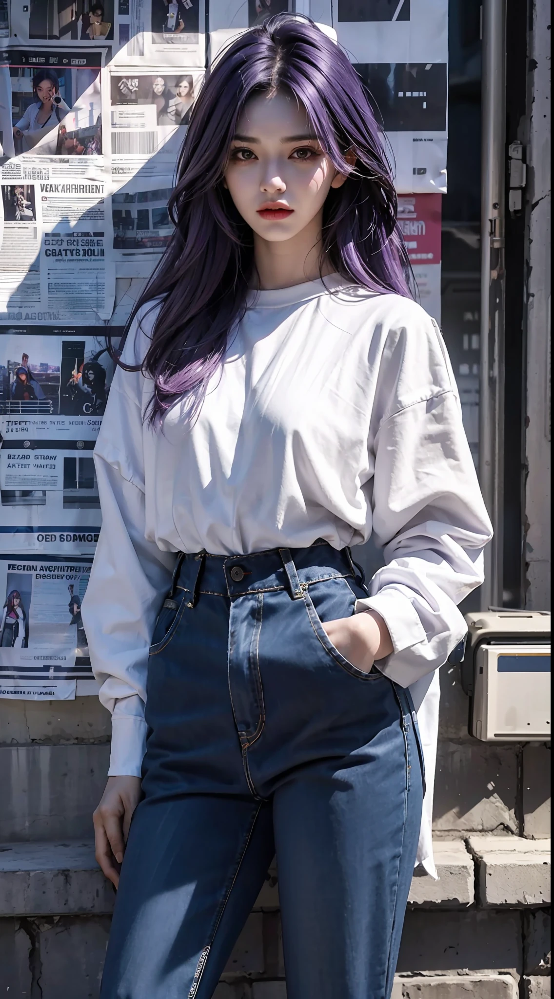On the street, cyberpunk, a girl standing in front of a wall with newspaper pasted on the wall, purple hair, facial focus, black eyes, witty and beautiful facial features, white shirt, jeans, dynamic pose, HDR, detailed details, fashion, cinematic light, detailed clothing texture, black crow