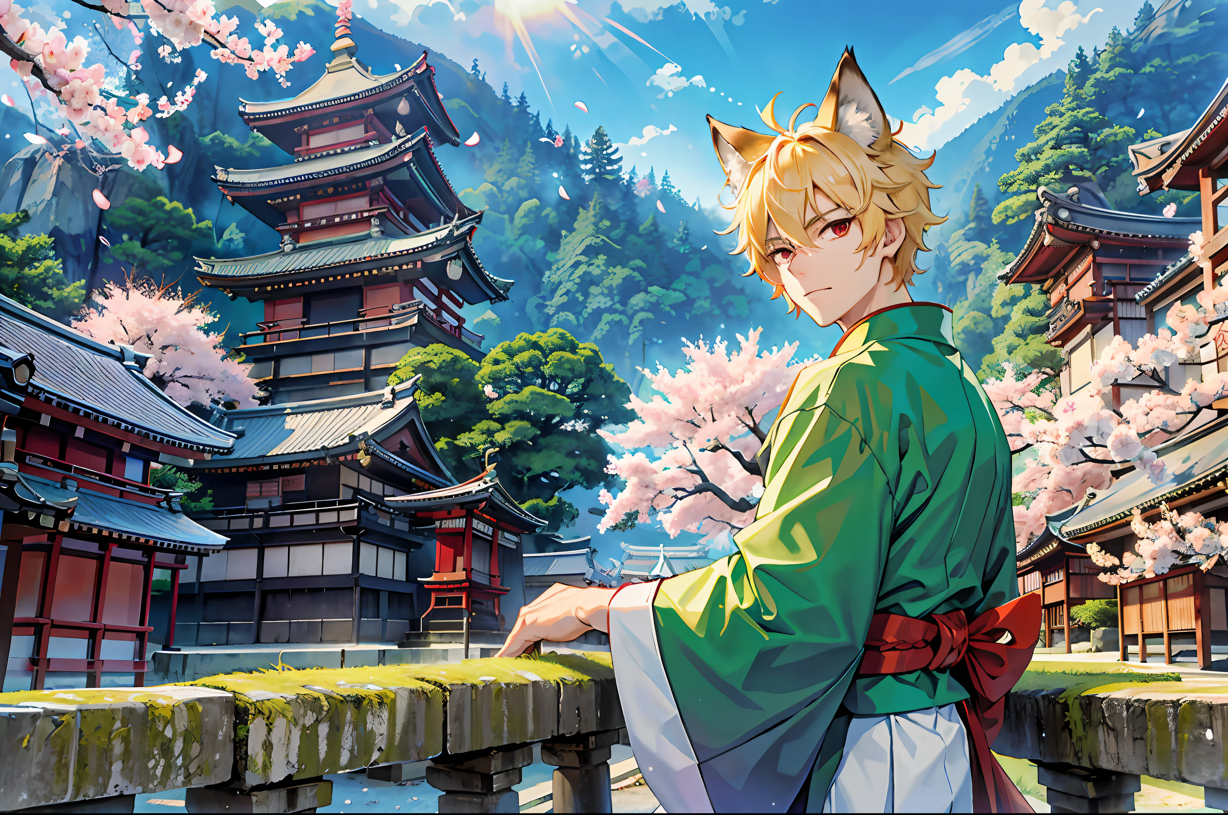 (Representative work: 1.4, highest quality, 8k), (2 boys: 1.6), (blonde spiked hair and red eyes, fox ears and tail: 1.1), (short green hair and big eyes, raccoon ears and tail: 1.2), (Japan Shinto priest, white and light blue hakama: 1.3), cherry blossom viewing on the balcony, background is a temple in Kyoto.