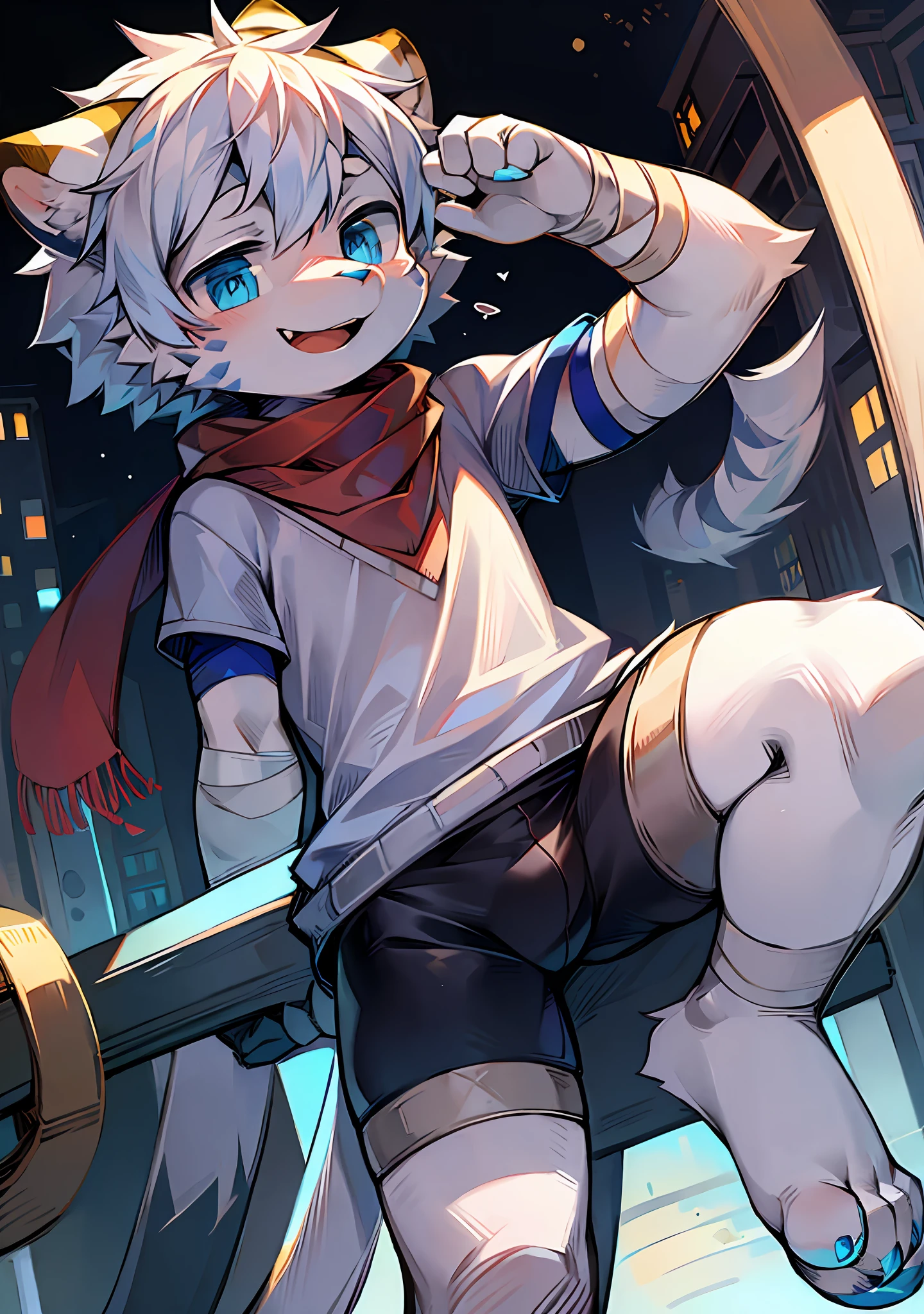 White tiger, cute, male, 1.6, laughing, blue eyes, scarf, clothes, bandages