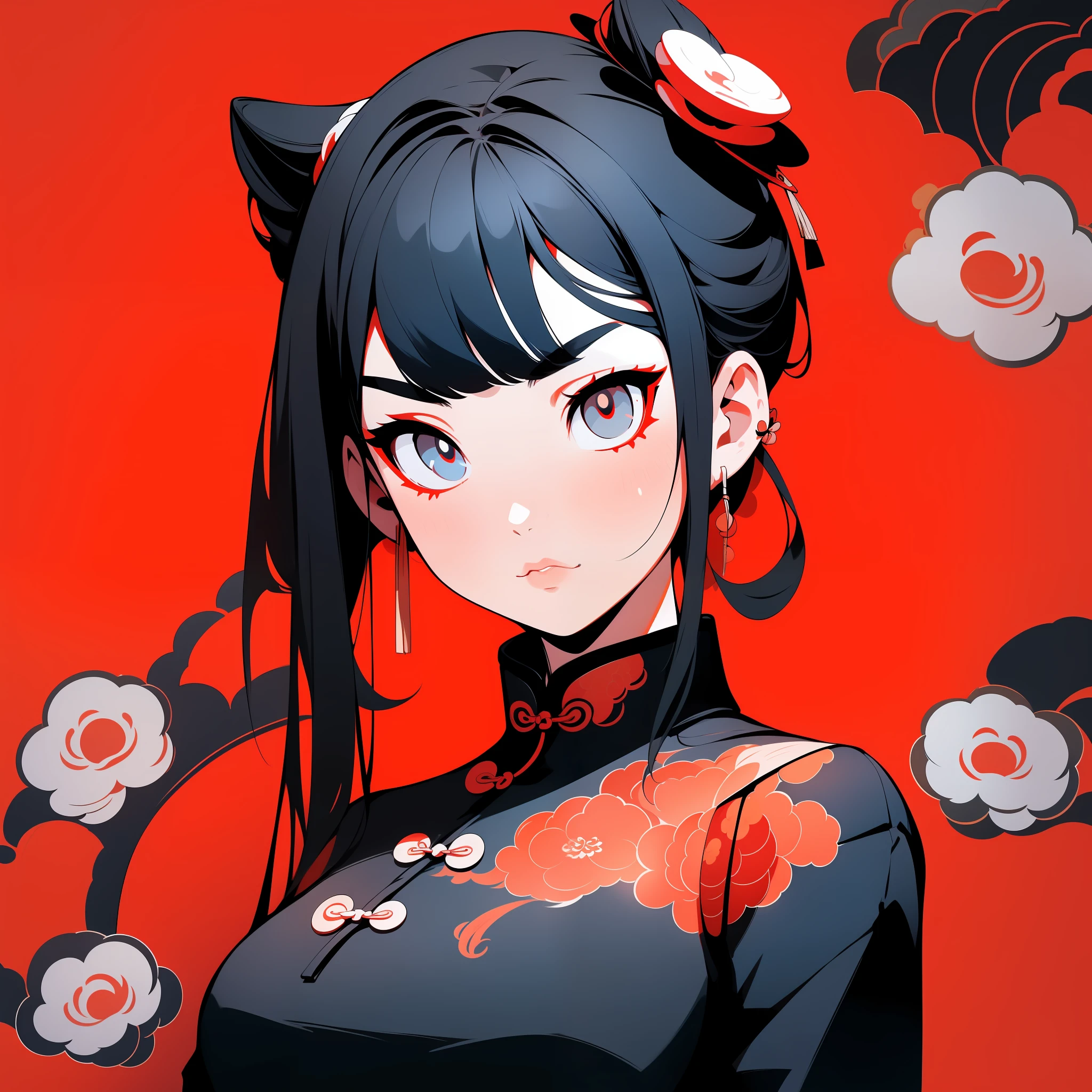 A stylish Chinese girl, gentle eyes, black pupils, red cheongsam, flat viewing angle, simple light, chest above, clean, red and black color scheme, vector art, (chinoiserie), ((minimalism))